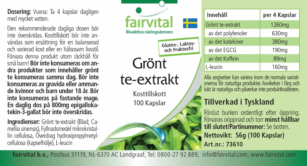 fairvital Estratto di tè verde, 100 capsule, facili da deglutire, polifenoli, catechine, EGCG e caffeina, ALTO DOSAGGIO, VEGANO, Camellia sinensis