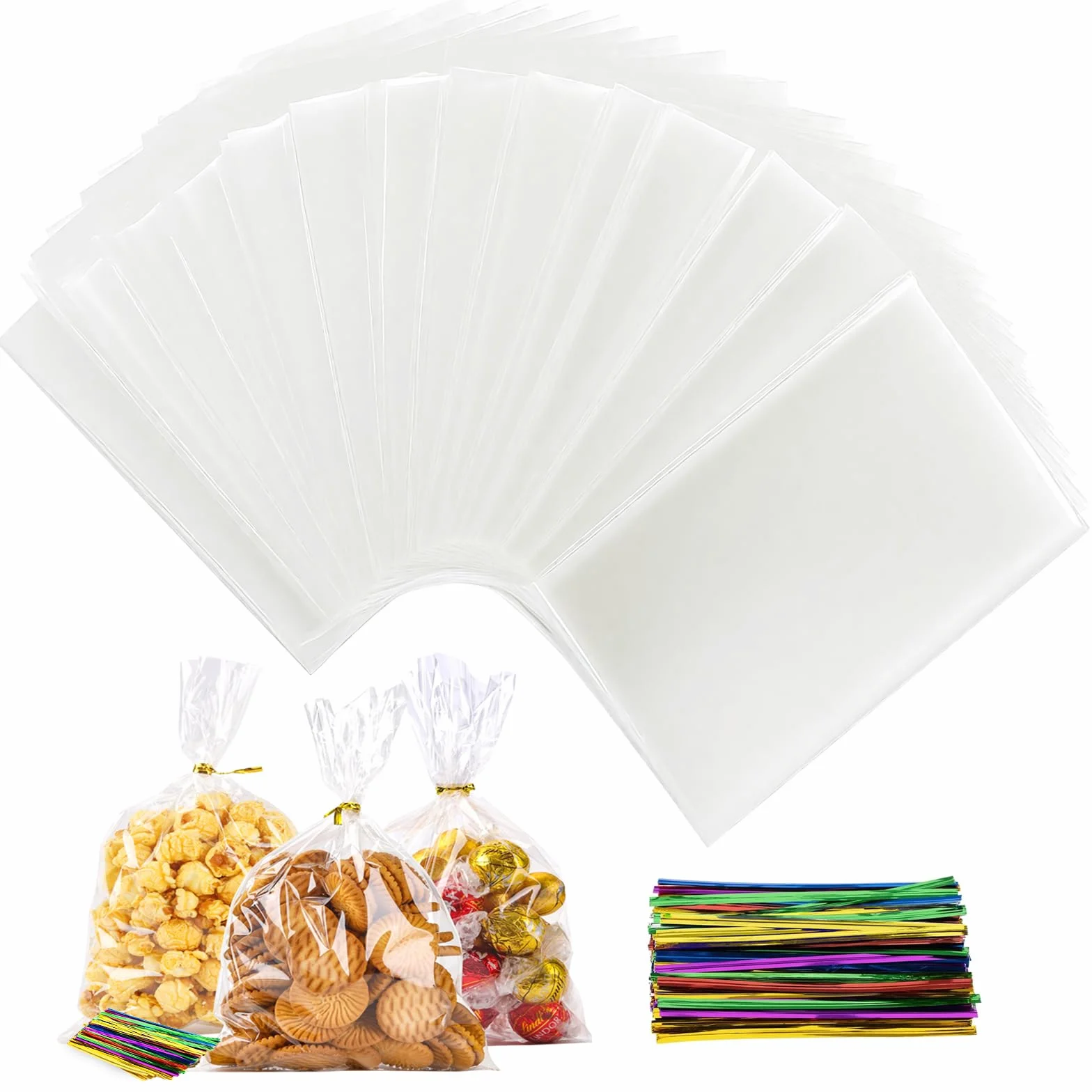 100 Pezzi Sacchetti Trasparenti per Confezioni 25x15cm, Bustine Cellophane per Pane Fresco Caramelle, Biscotti, Frutta, Gioielli con 100 Bande Metalliche per Feste Matrimonio Compleanno Bambini Regalo