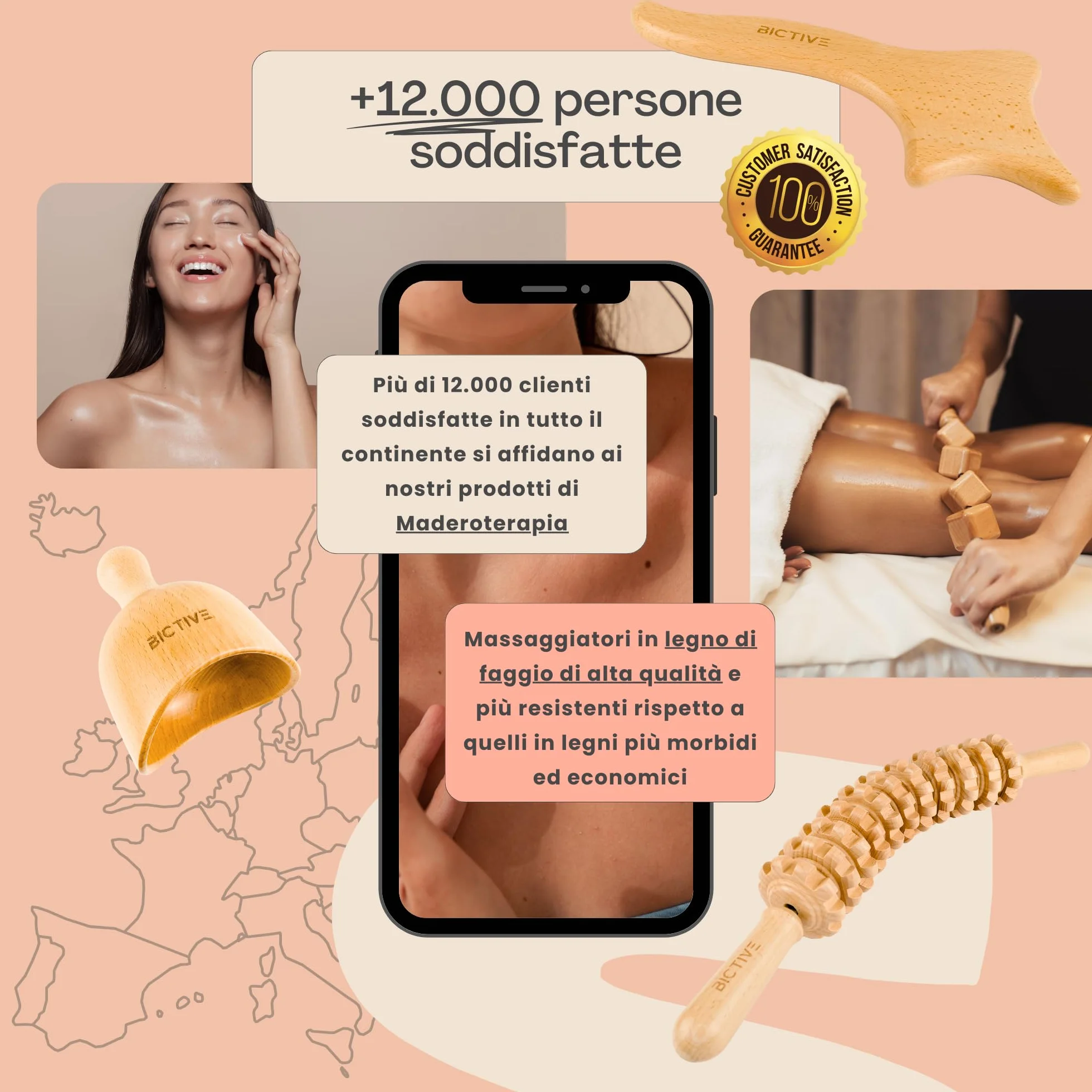 Rullo di Massaggio per Cellulite in Legno di Faggio con Sacchetto