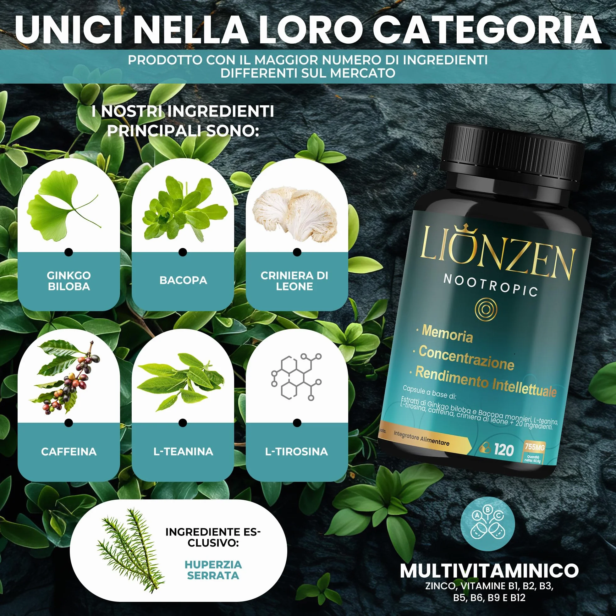 Nootropico concentrato Memoria e Concentrazione 23 ingredienti naturali Bacopa Ginkgo Biloba Caffeina Vitamine Magnesio