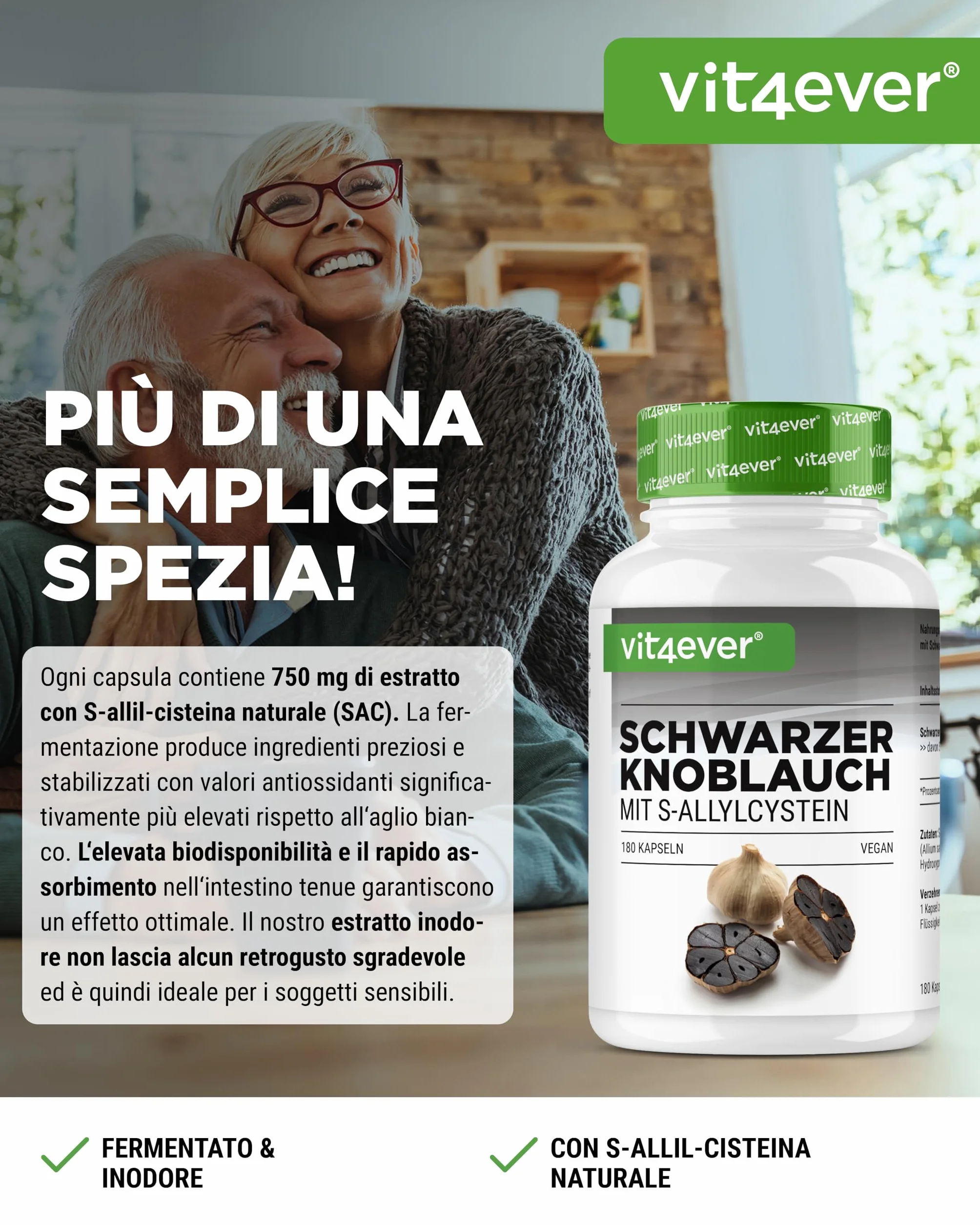 Aglio nero 15:1 Estratto - 180 Capsule da 750 mg - Premium: Con S-Allylcysteine (SAC) - Fermentato - Inodore - Testato in laboratorio - Altamente dosato - Vegan