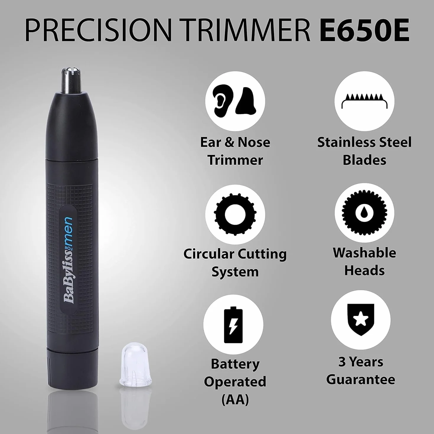 BaByliss E650E Trimmer do nosa i uszu, podwójne ostrza ze stali nierdzewnej, czarny