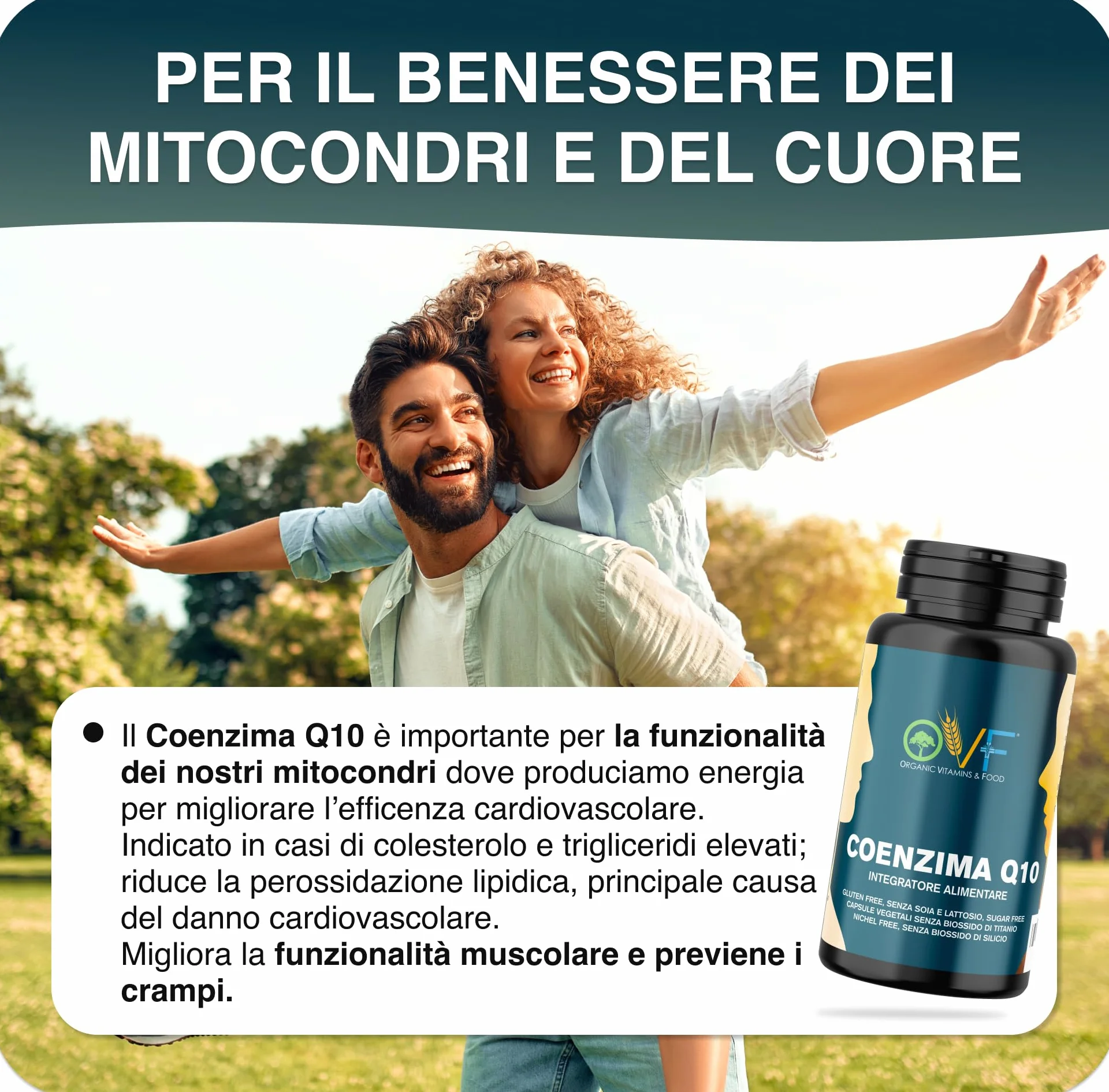 OVF Coenzima Q10 100mg (60 Cps) - Sostegno Energetico e Cardiaco - Integratore Naturale - Q10 Coenzima Antiossidante AntiAge per la Pelle e il Sistema Immunitario.