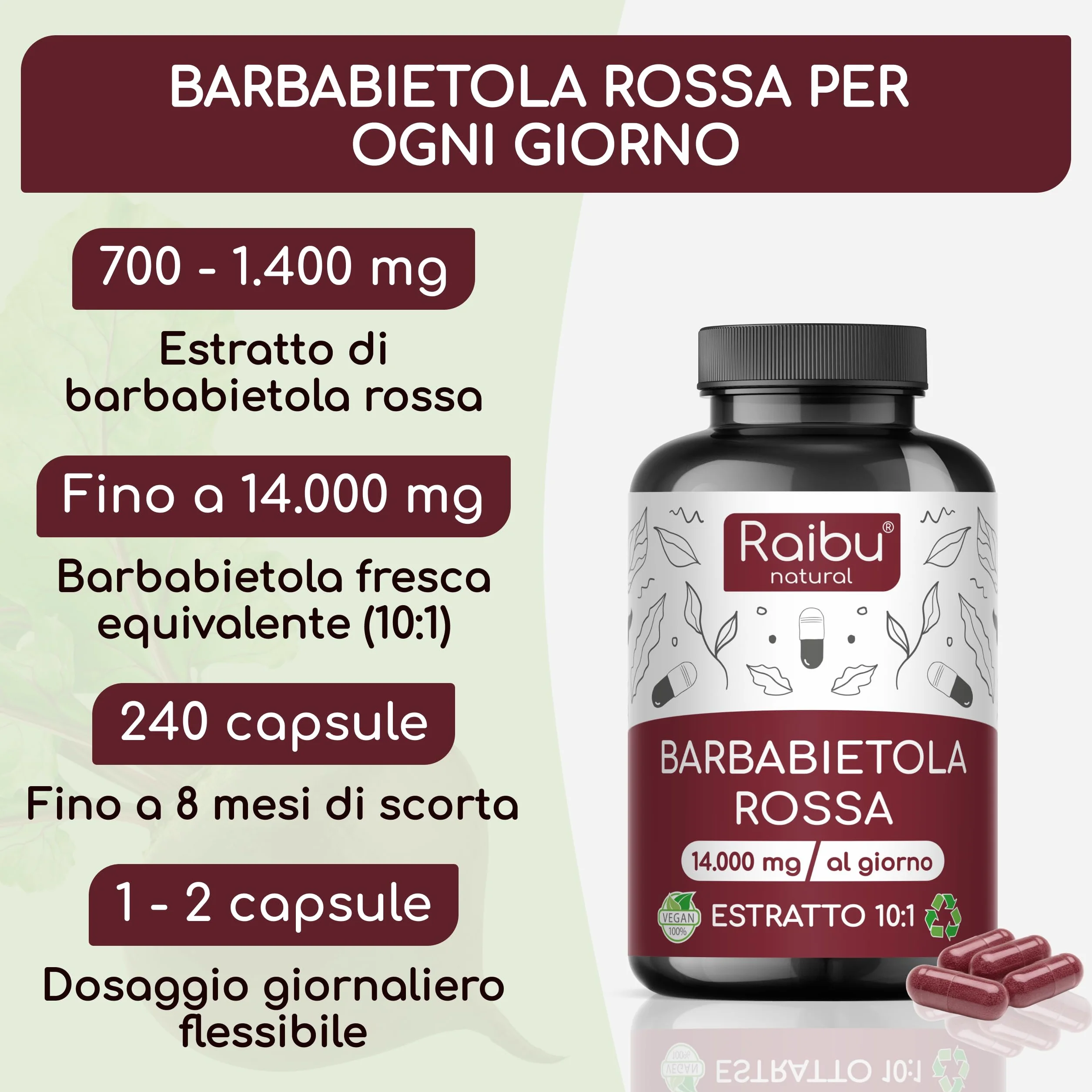 Barbabietola Rossa Integratore 14000 mg 240 Capsule Estratto 10:1 Supporto Ossido Nitrico Vegano
