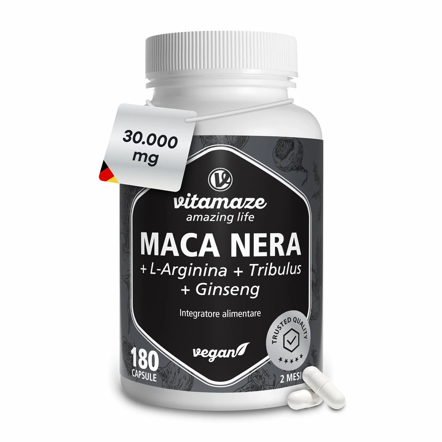 Complesso di Maca Nera Altamente Dosato, 30.000 mg per Dose Giornaliera, 500 mg di Estratto di Maca 20:1 con L-Arginina, Tribulus, Ginseng, Zinco, Vitamine B, 180 Capsule Vegane, Made in Germany