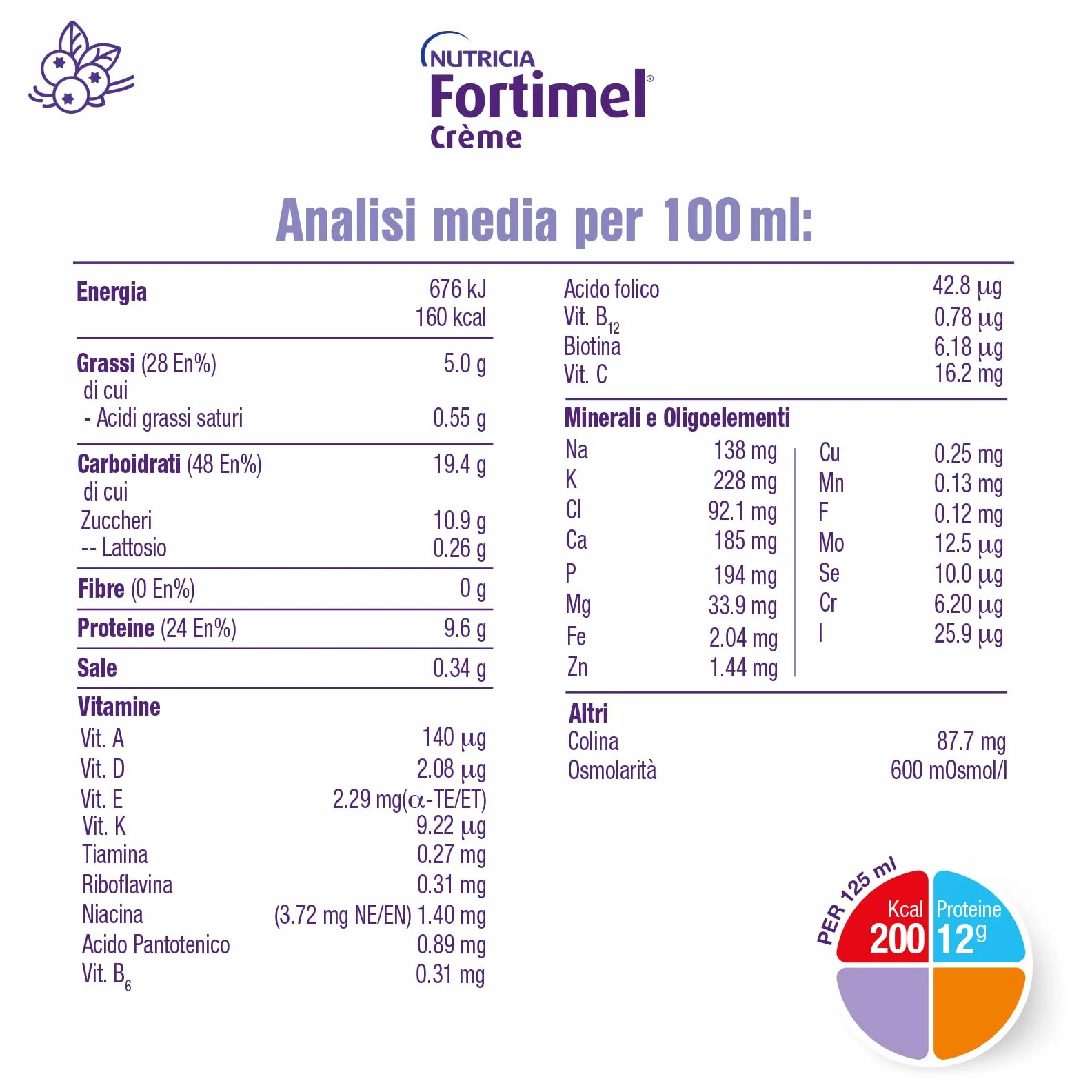 NUTRICIA FORTIMEL CREME - Supplemento Nutrizionale per la Gestione Dietetica della Malnutrizione, Cremoso, adatto per problemi di Deglutizione, Alimento a Fini Medici Speciali, Frutti di Bosco-4x125ml