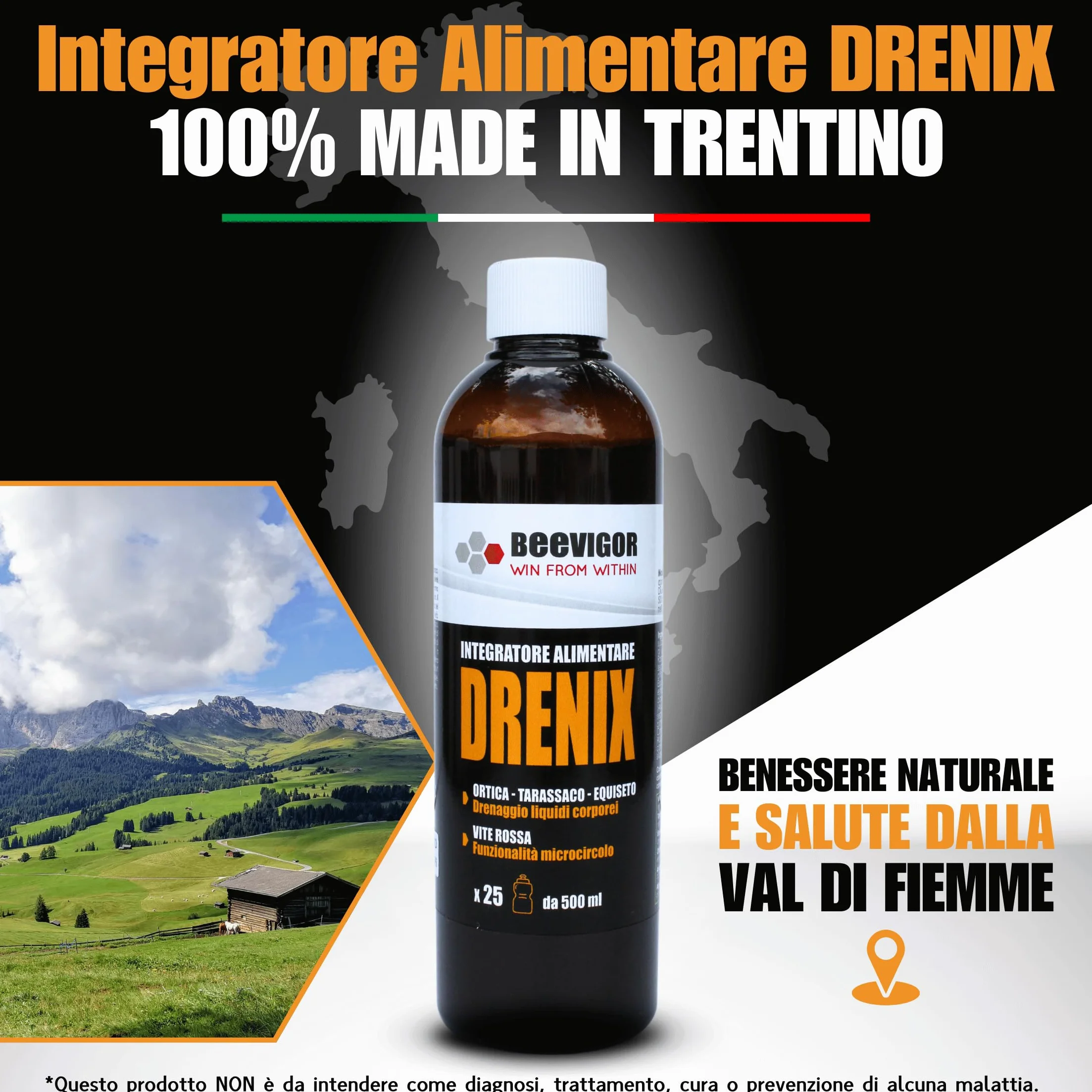 BEEVIGOR Integratore Alimentare Fluido Drenante 250 ml con Miele, Ortica, Tarassaco, Equiseto, Ananas e Vite Rossa Made in Italy