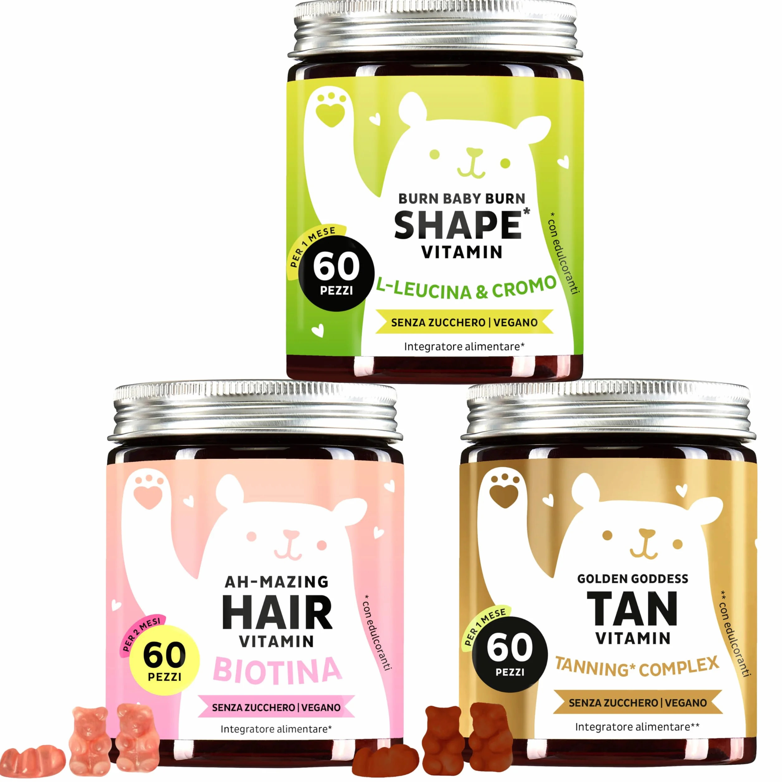 Trio – Per capelli, pelle e linea – Tripla azione bellezza - Con biotina per i capelli, rame per la pelle e cromo per il metabolismo - 3x60 pezzi- Senza Zucchero, Vegano - Bears with Benefits