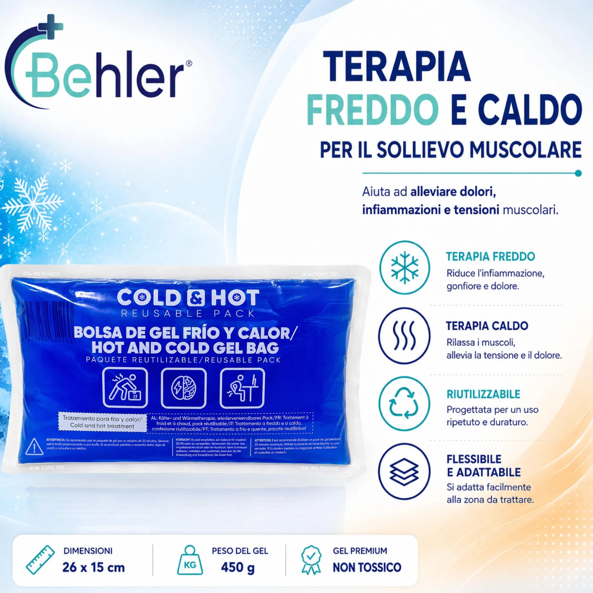 Ghiaccio Gel Riutilizzabile (26 x 15 cm) Compressa Fredda Calda Multifunzione per Terapie Dolori Muscolari Febbre Lesioni Sportive