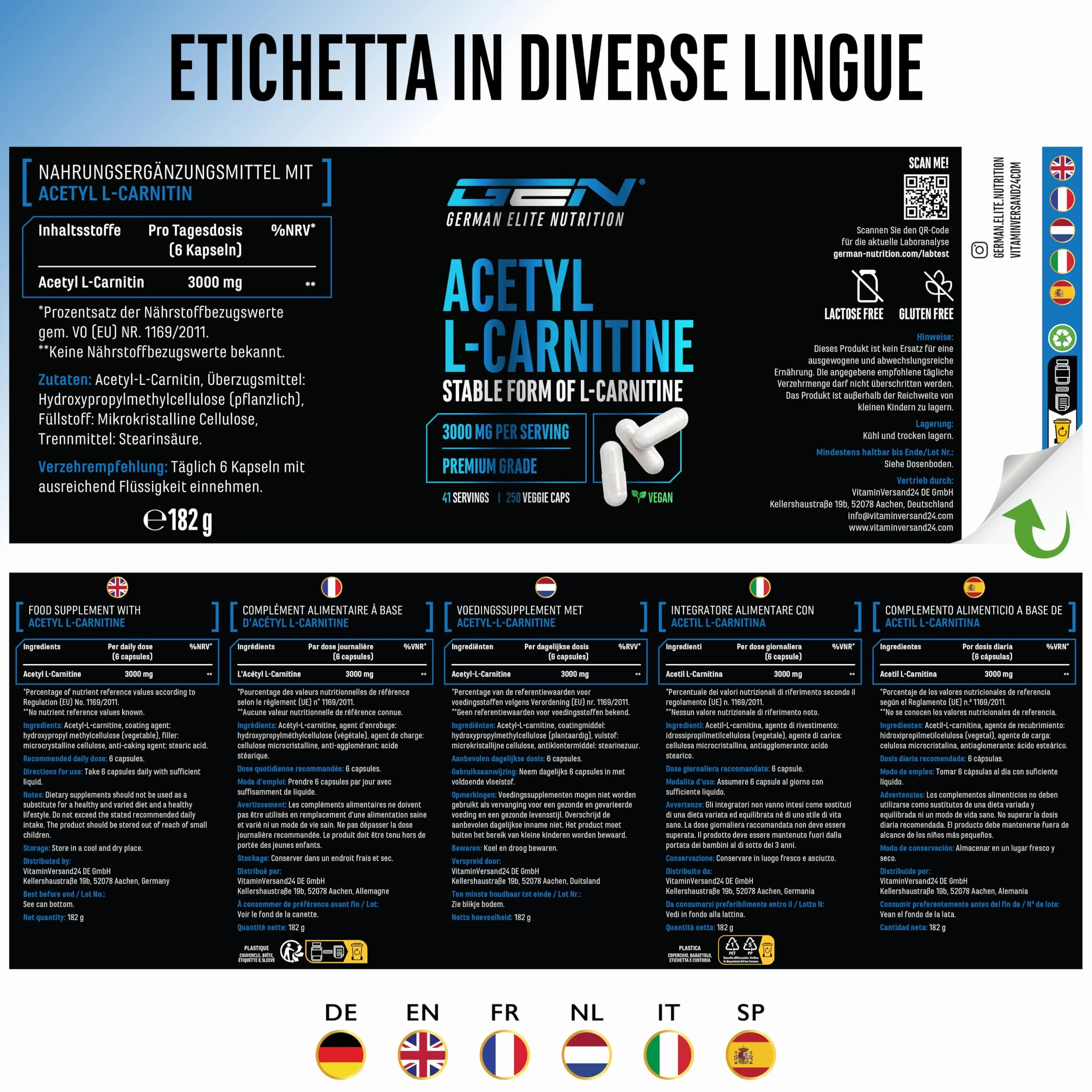 Acetyl-L-carnitina 250 capsule vegane 3000 mg per porzione giornaliera forma acetilata di L-carnitina ad alto dosaggio