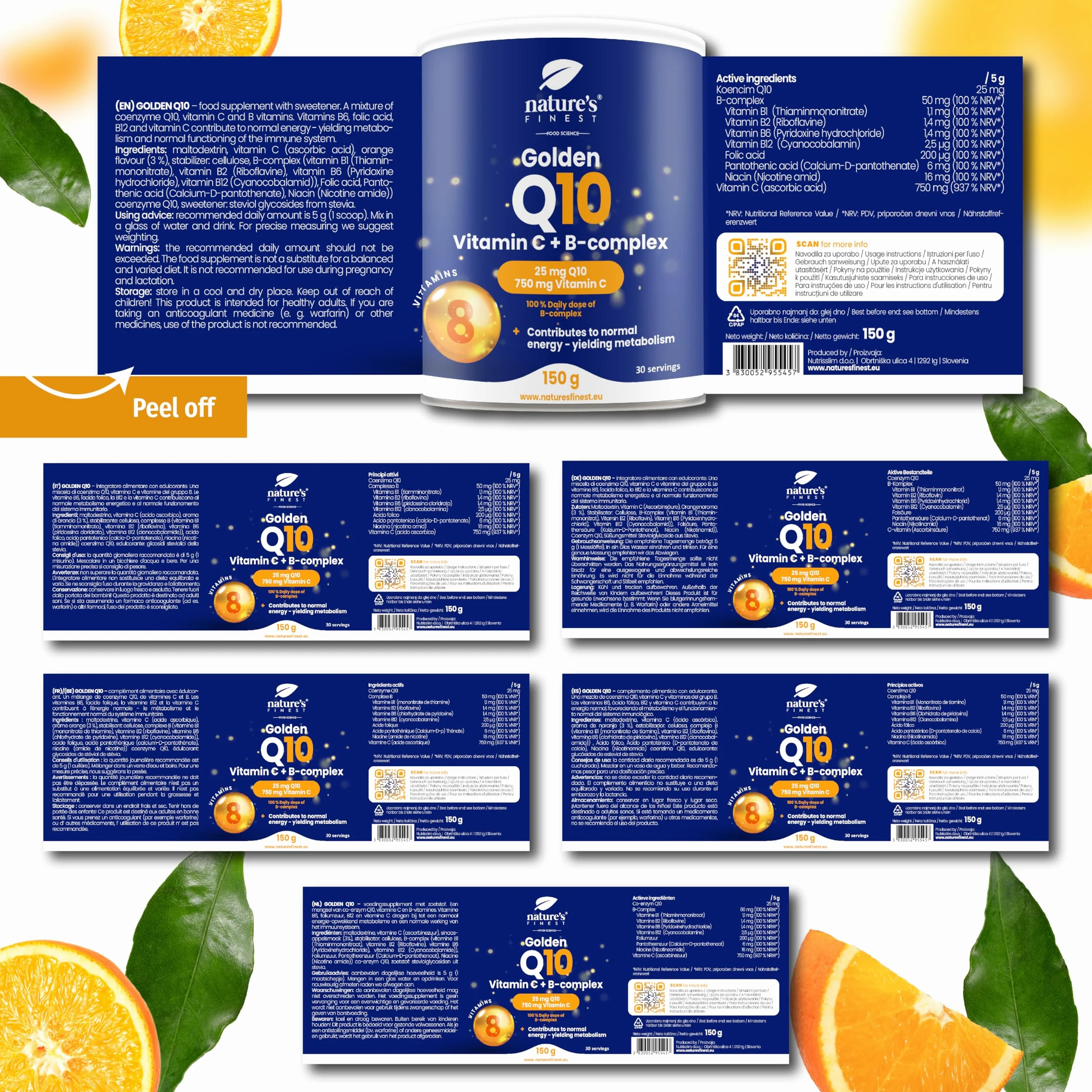 Nature's Finest Golden Q10, 150 g - Coenzima Q10 con Vitamina C in Polvere e Complesso Vitamina B - Integratore Alimentare in Polvere Gusto Arancia