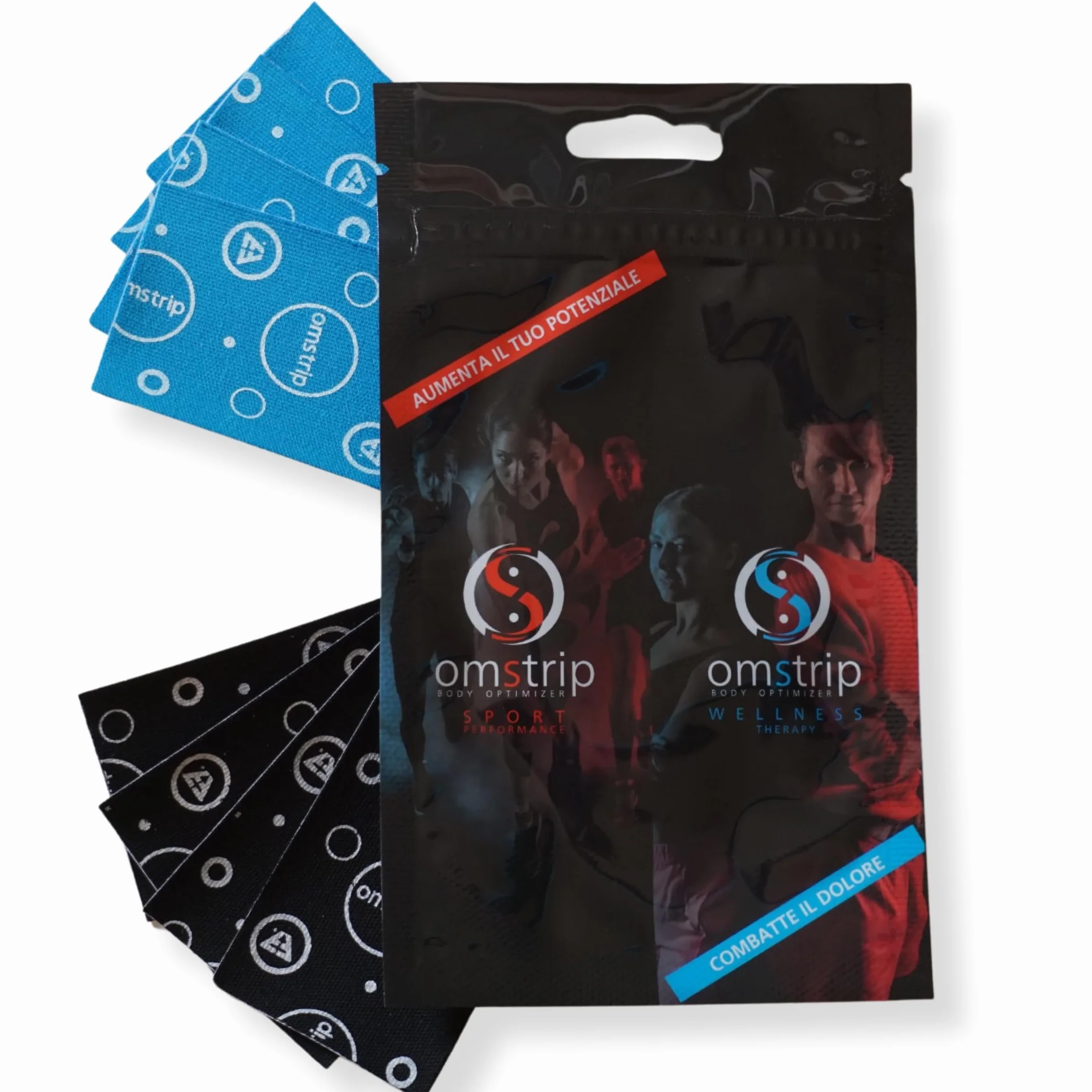 Omstrip Mix Cerotti (8 Pezzi: 4 Sport + 4 Wellness), Supporto Drug-Free di 72 Ore per Performance, Recupero Muscolare e Sollievo da Dolori Muscolari, Cerotto Kinesiologico con FIR e Tecnologia F7