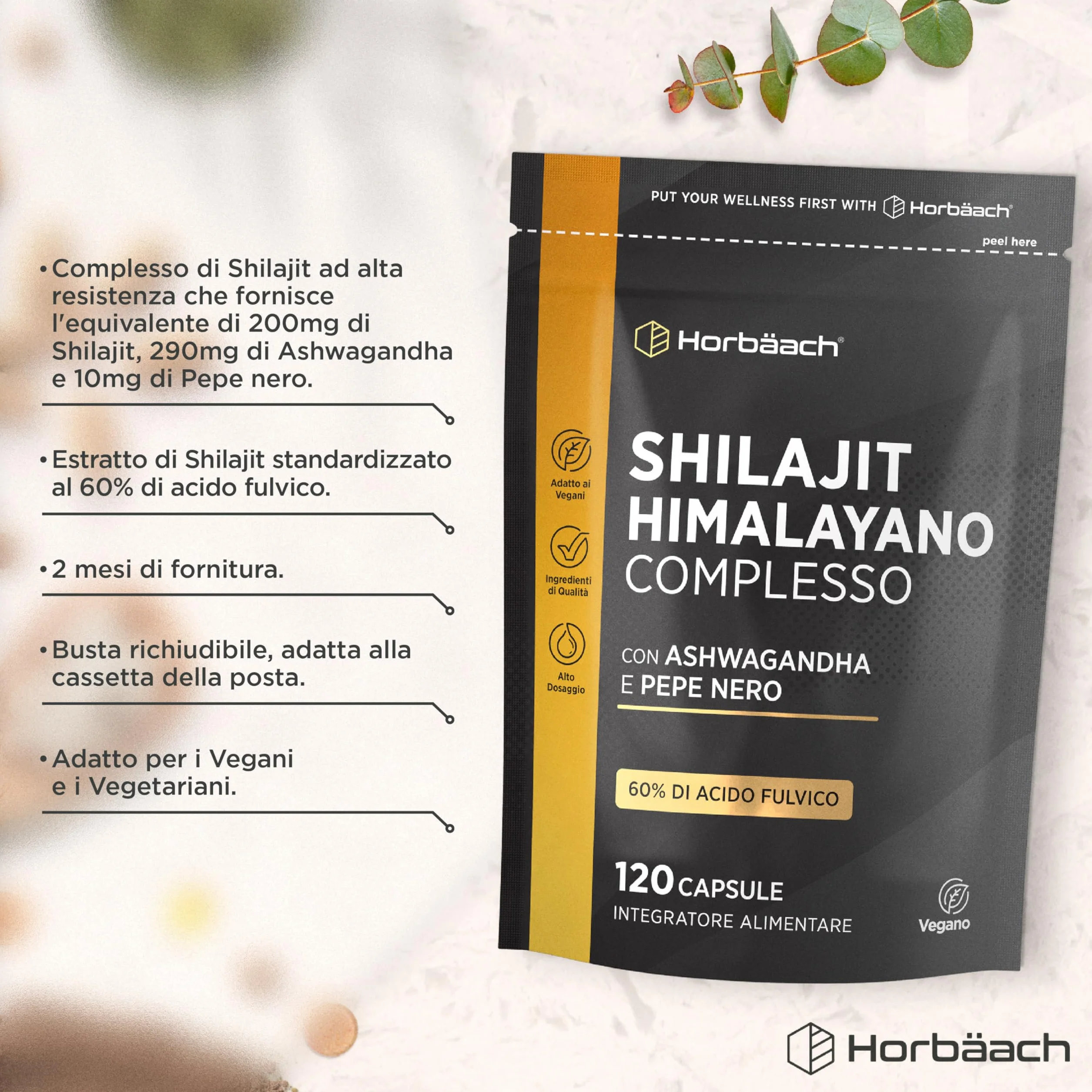 Shilajit Himalayano Puro Capsule | 1500 mg | 60% di Acido Fulvico | 120 Capsule Vegane | Integratore Alimentare di Estratto di Shilajit dalla Fonte Himalayana | Shilajit Complex | Horbaach