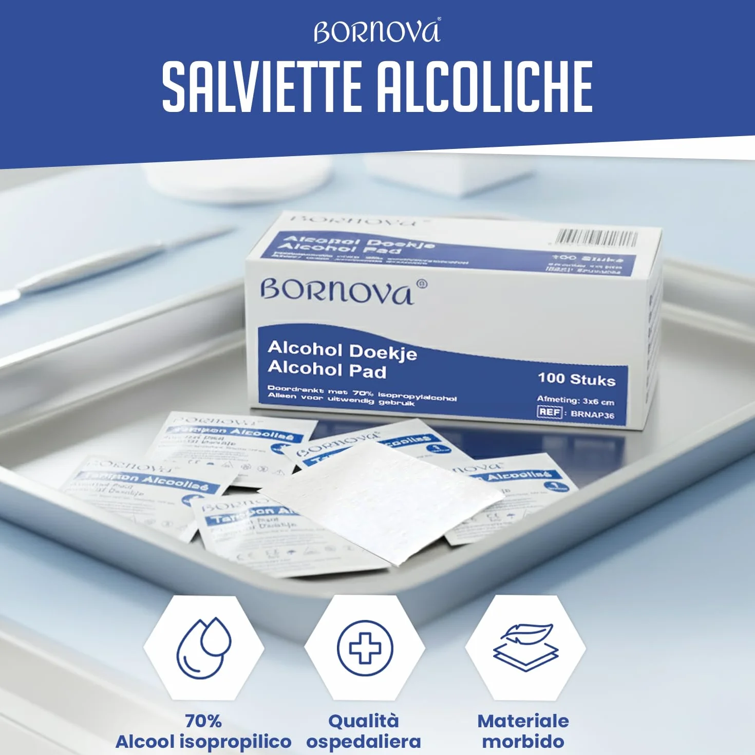 BORNOVA Tamponi Impregnati Alc.70 Salvietta 3x6 cm Monouso