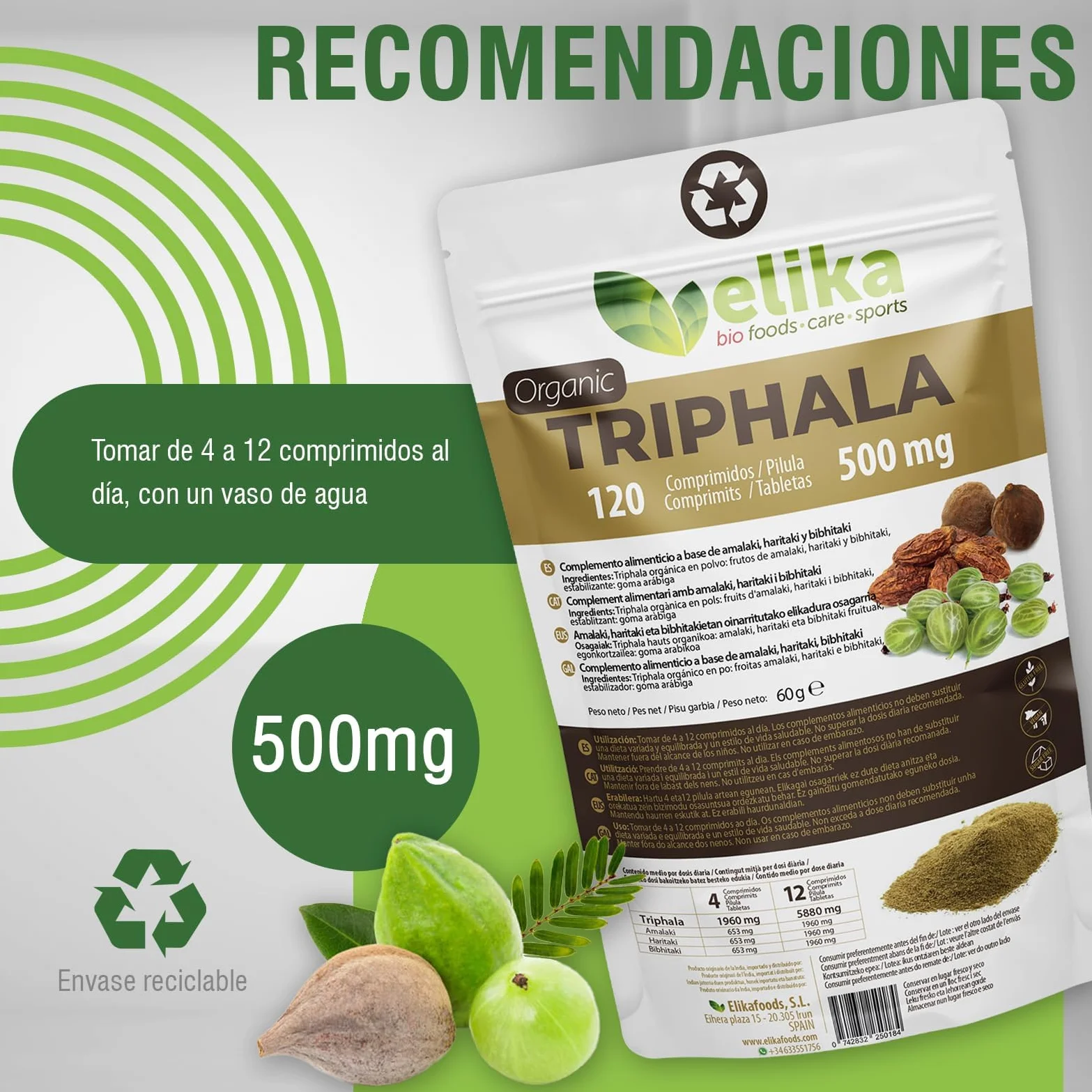 Triphala BIOLOGICO di Elikafoods®. Depurativo e disintossicante naturale. Integratore naturale per la pulizia del colon. Compresse naturali per la stitichezza intestinale - 120 compresse da 500 mg.