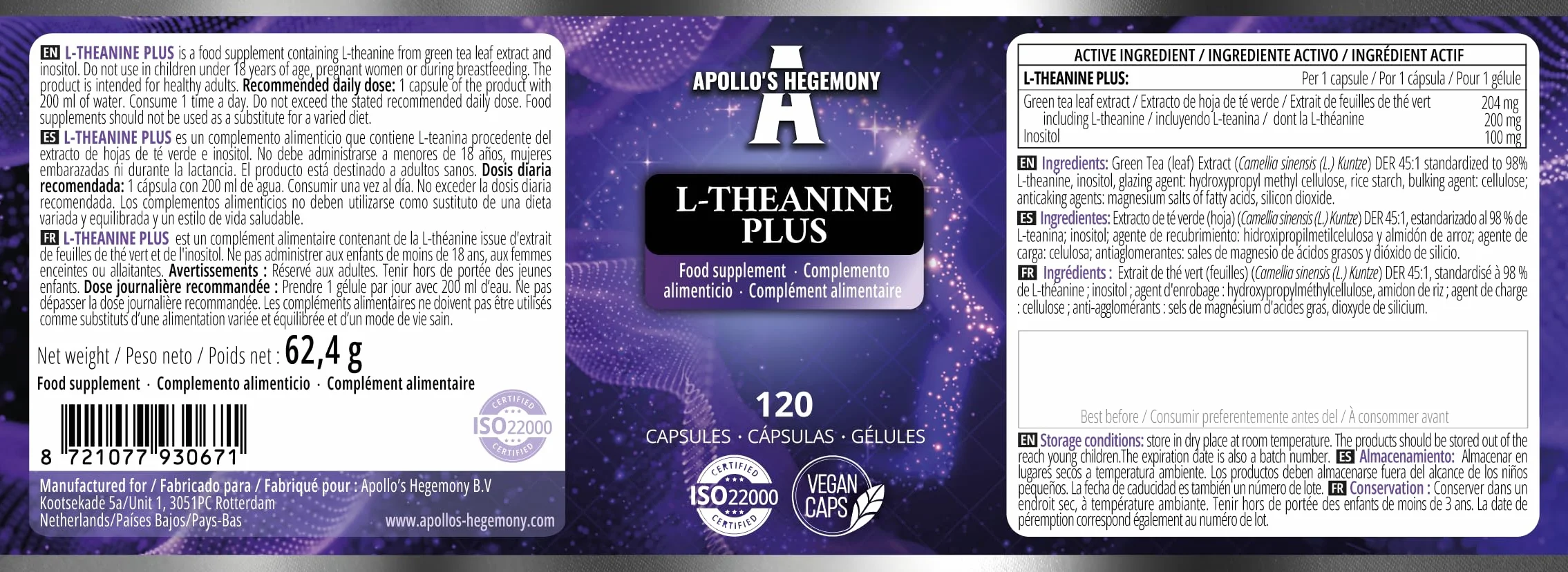 L-Teanina (98% estratto di tè verde) con Myo-Inositolo 300 mg - 120 capsule vegane - 4 mesi di fornitura - Supporta la chiarezza mentale e la gestione dello stress - da Apollo's Hegemony