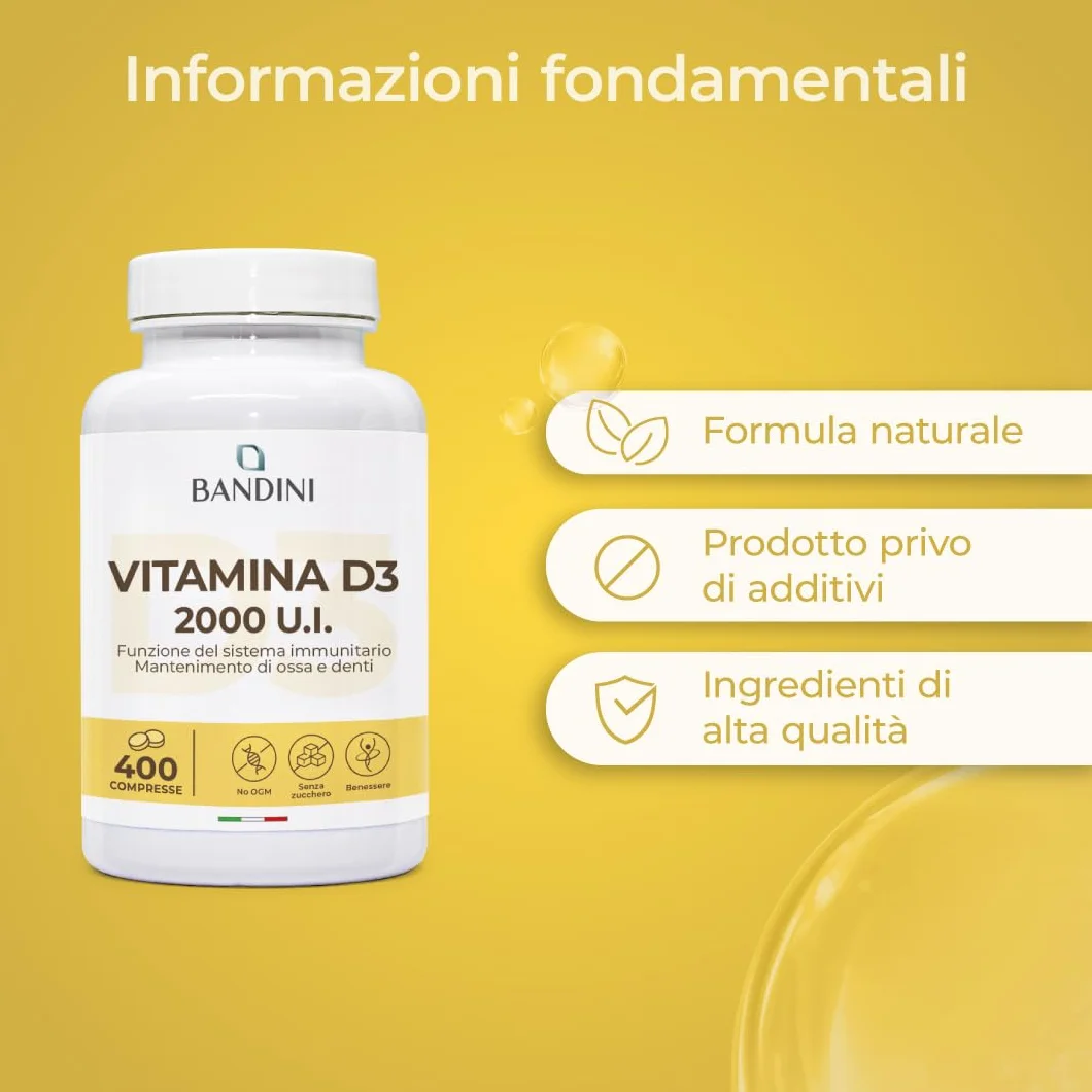 Bandini® Vitamina D 60.000 UI/mese 400 Compresse (+1 Anno), Difese Immunitarie, Salute di Ossa, Denti e Muscoli, Metabolismo del Calcio, 50 mcg di Colecalciferolo, Vitamin D3 Pura ad Alto Dosaggio