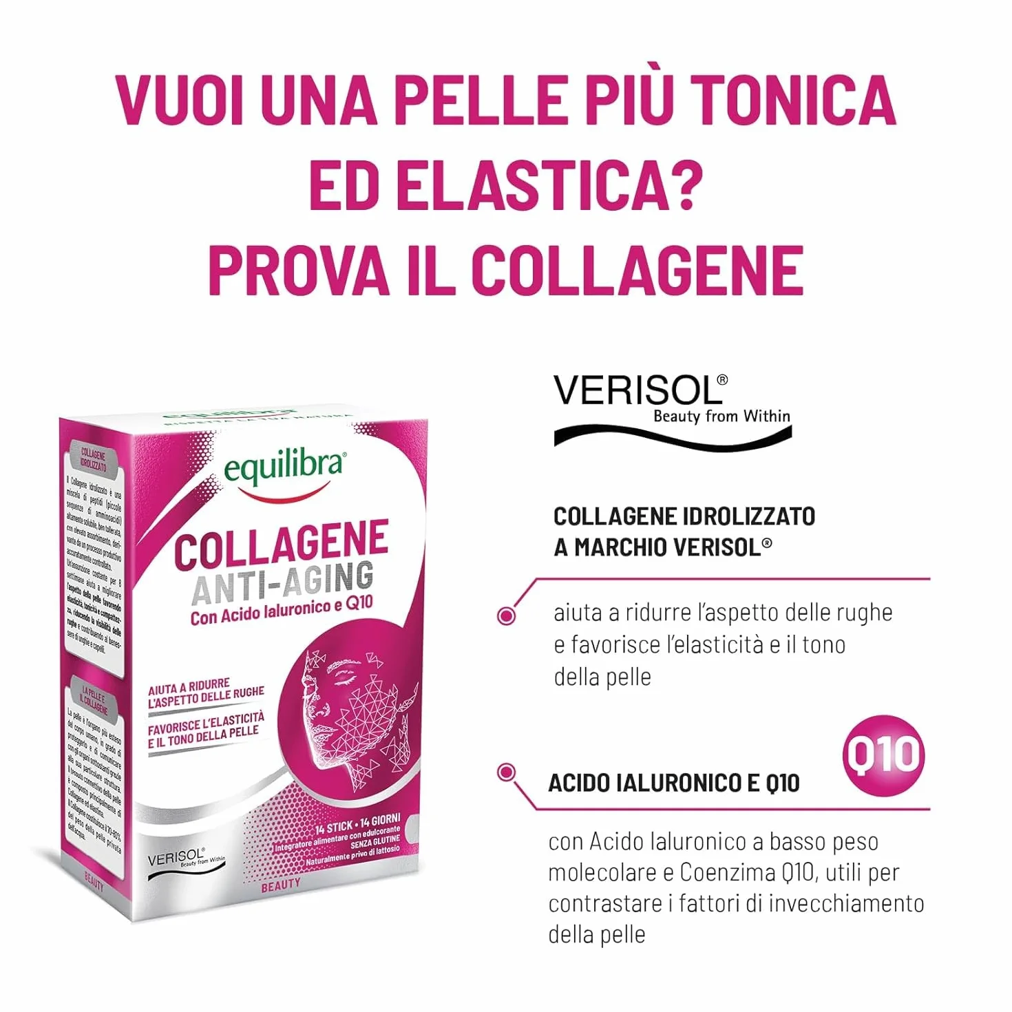 Equilibra Collagene Anti-Aging VERISOL® 14 Mono Stick 5000mg Acido Ialuronico Coenzima Q10