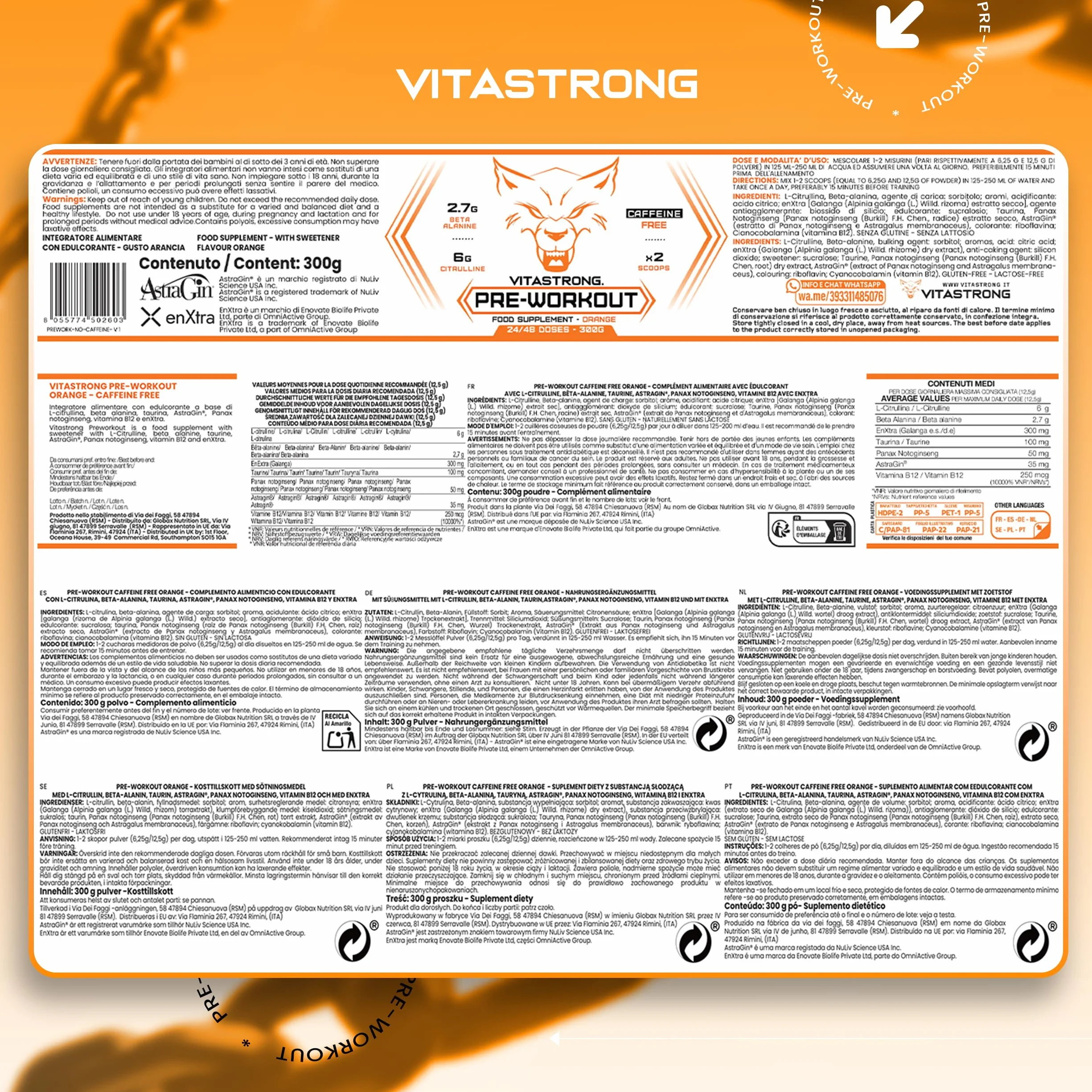 Pre Workout Potente 300g, con Vitamina B12, L Citrullina, Beta Alanina,Taurina, AstraGin, Vitastrong Pre Workout Made in Italy (24 Porzioni (Confezione da 1),Orange - No Caffeine)