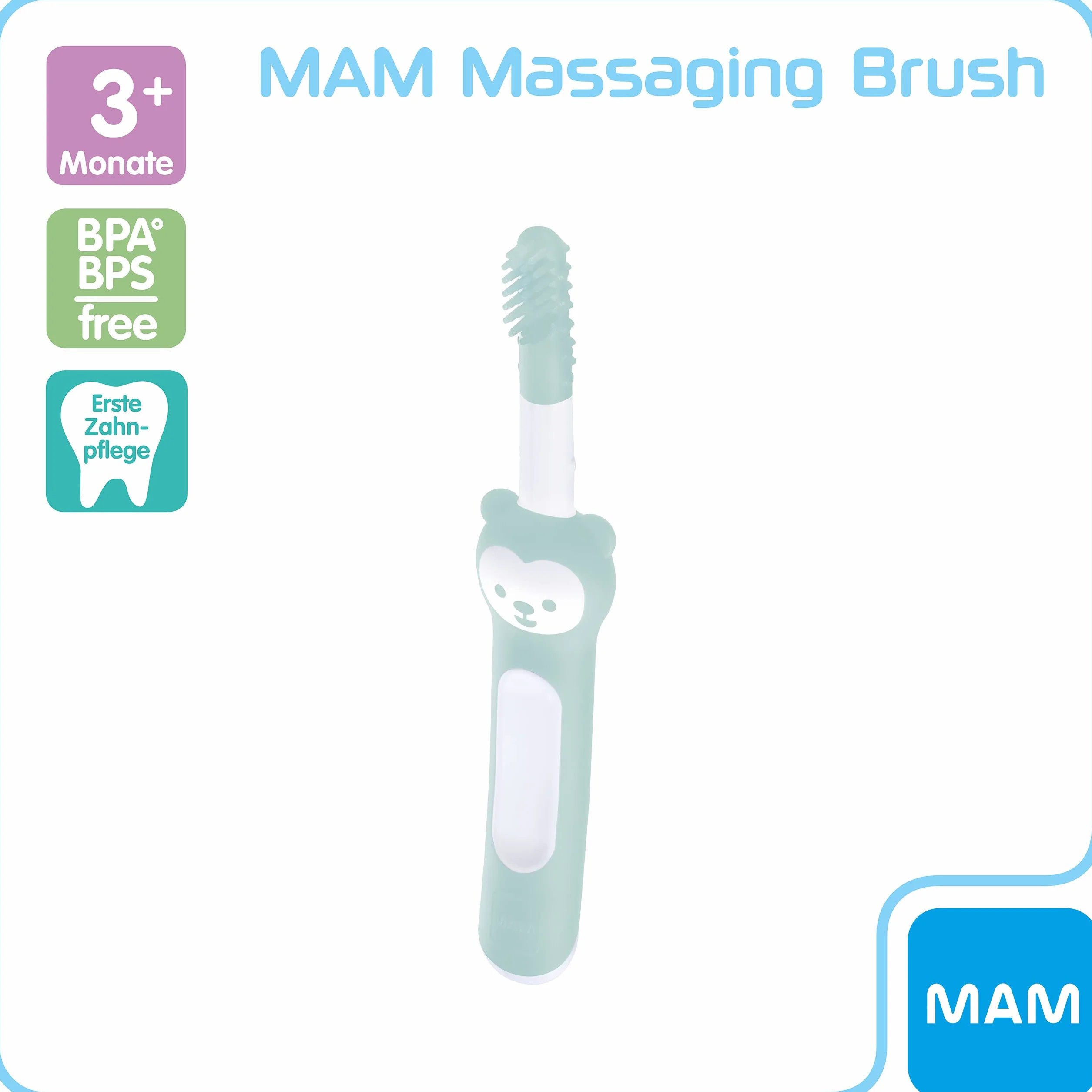 MAM Spazzola massaggiante con setole morbide in silicone, adatta ai bambini alla pulizia quotidiana dei denti, spazzolino da denti per alleviare il mal di denti, dai 3 mesi in su, turchese