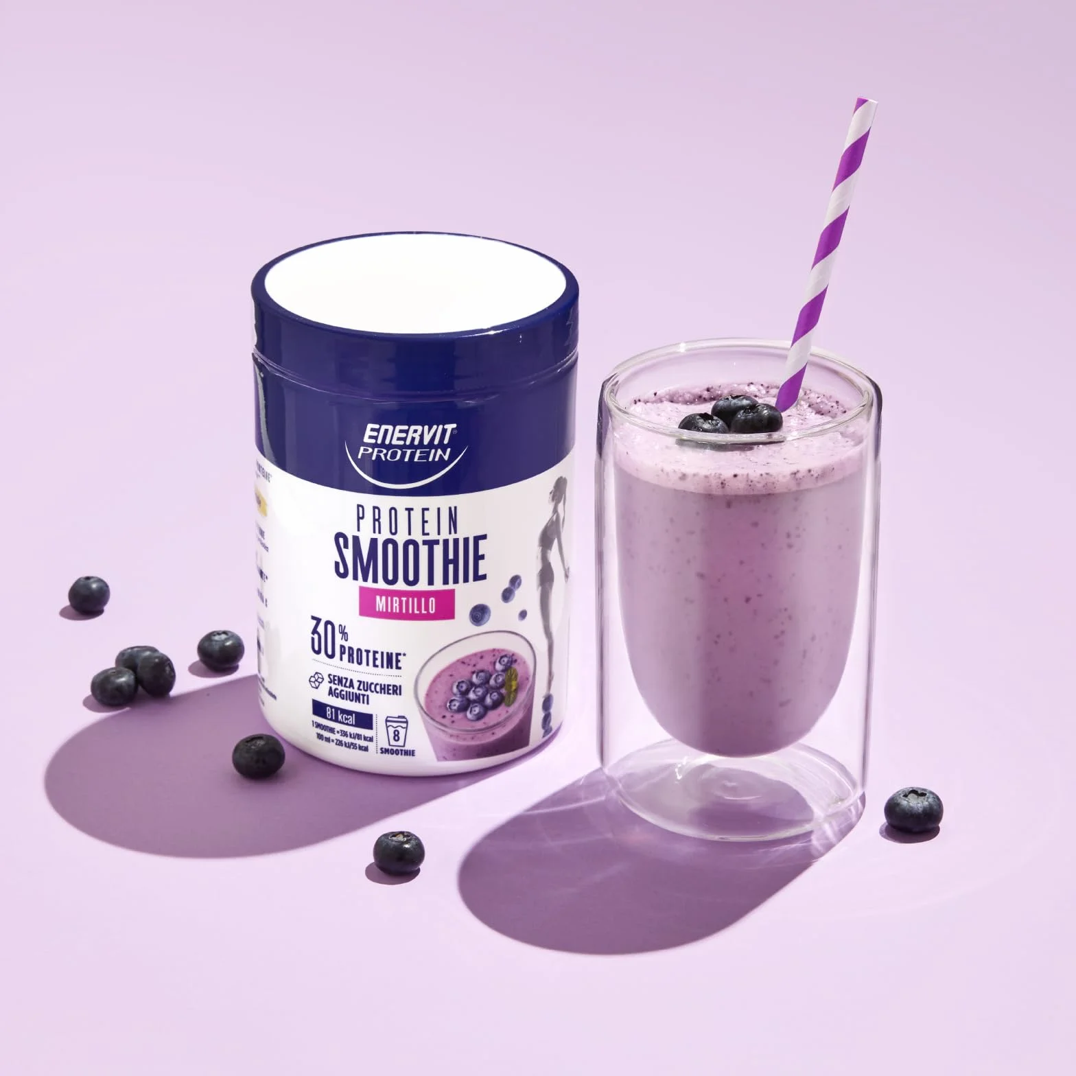Enervit Protein, Smoothie al Mirtillo, 30% di Proteine, Senza Zuccheri Aggiunti, Per una Pausa Fresca e Proteica, Senza Grassi, 1 Smoothie = 81 kcal, Gusto Mirtillo, VeganOK, Barattolo da 320g
