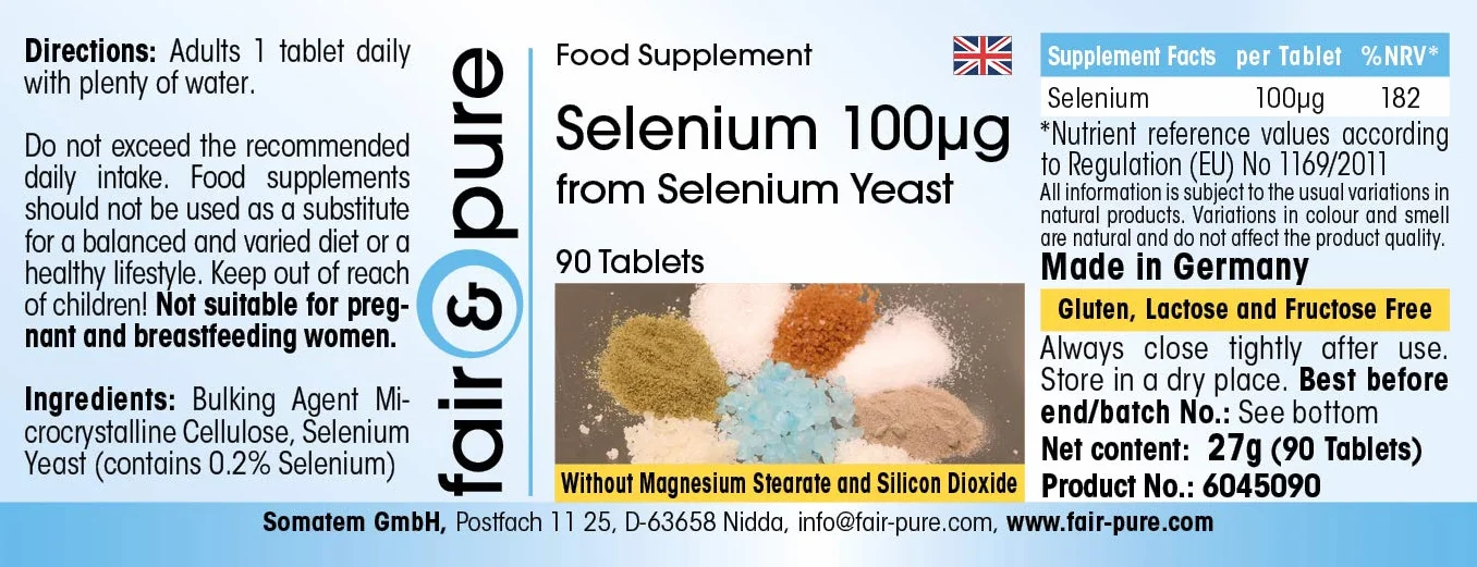 Fair & Pure® - Selenio 100µg - Lievito di selenio in polvere - Vegan - 90 Compresse