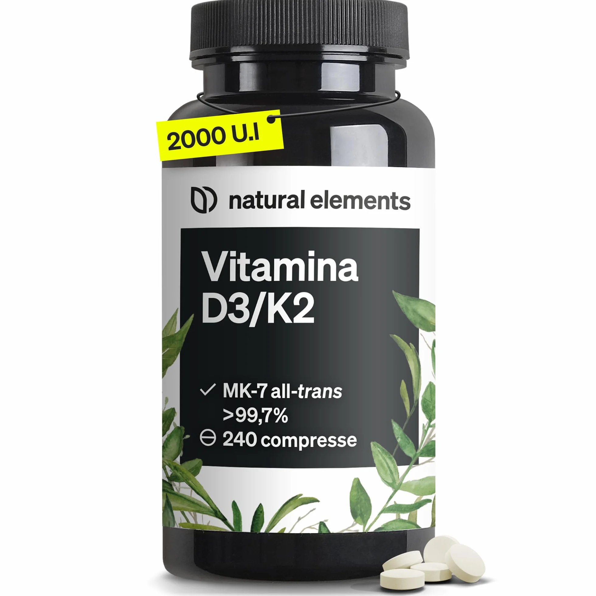 Vitamina D3 + K2 – MK-7 all-trans >99,7% e vitamina D3 2.000 U.I. – 240 compresse – ad alto dosaggio, elevata biodisponibilità – senza additivi inutili