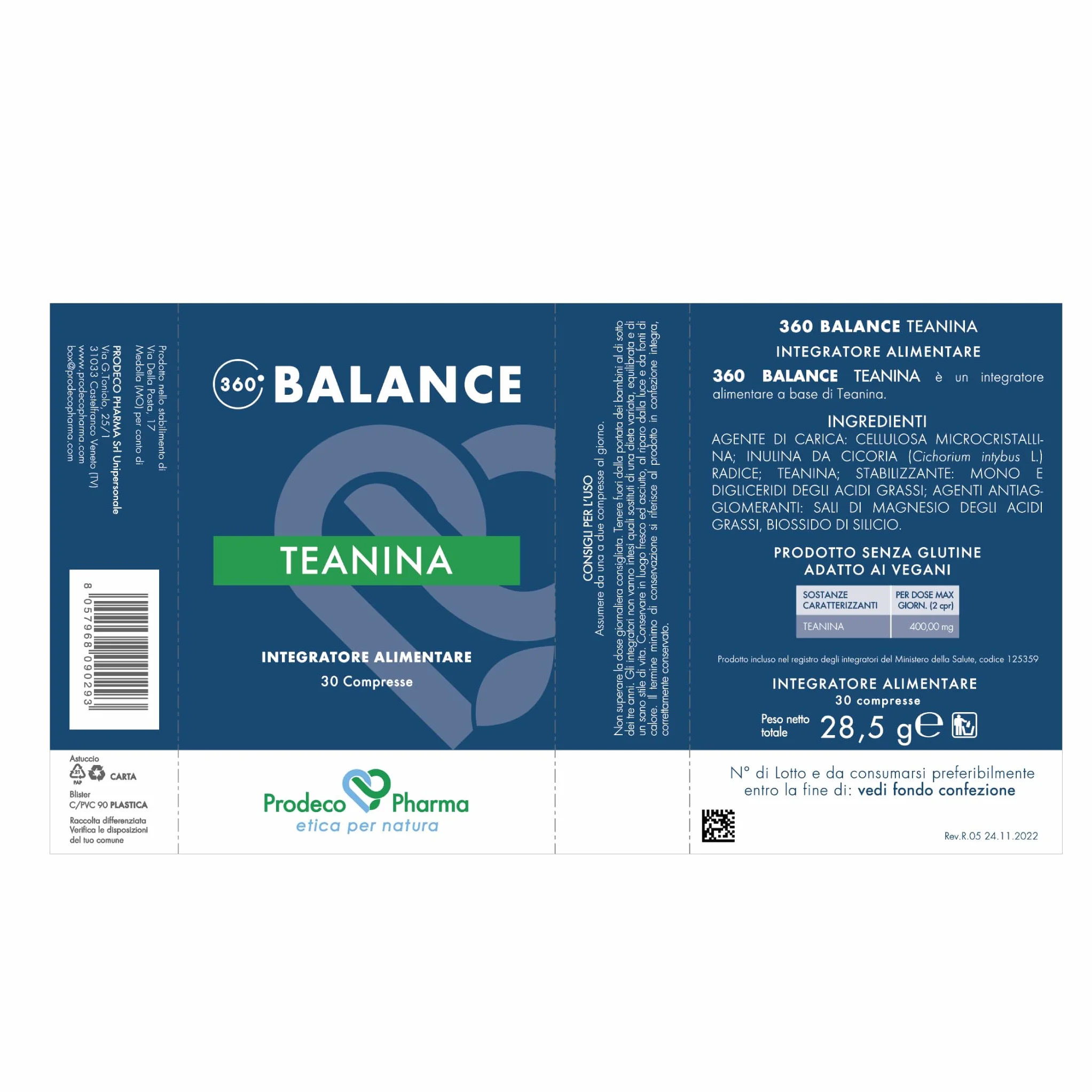 Prodeco Pharma 360 Balance Teanina Integratore Alimentare a Base di Teanina da Tè Verde 30 Compresse