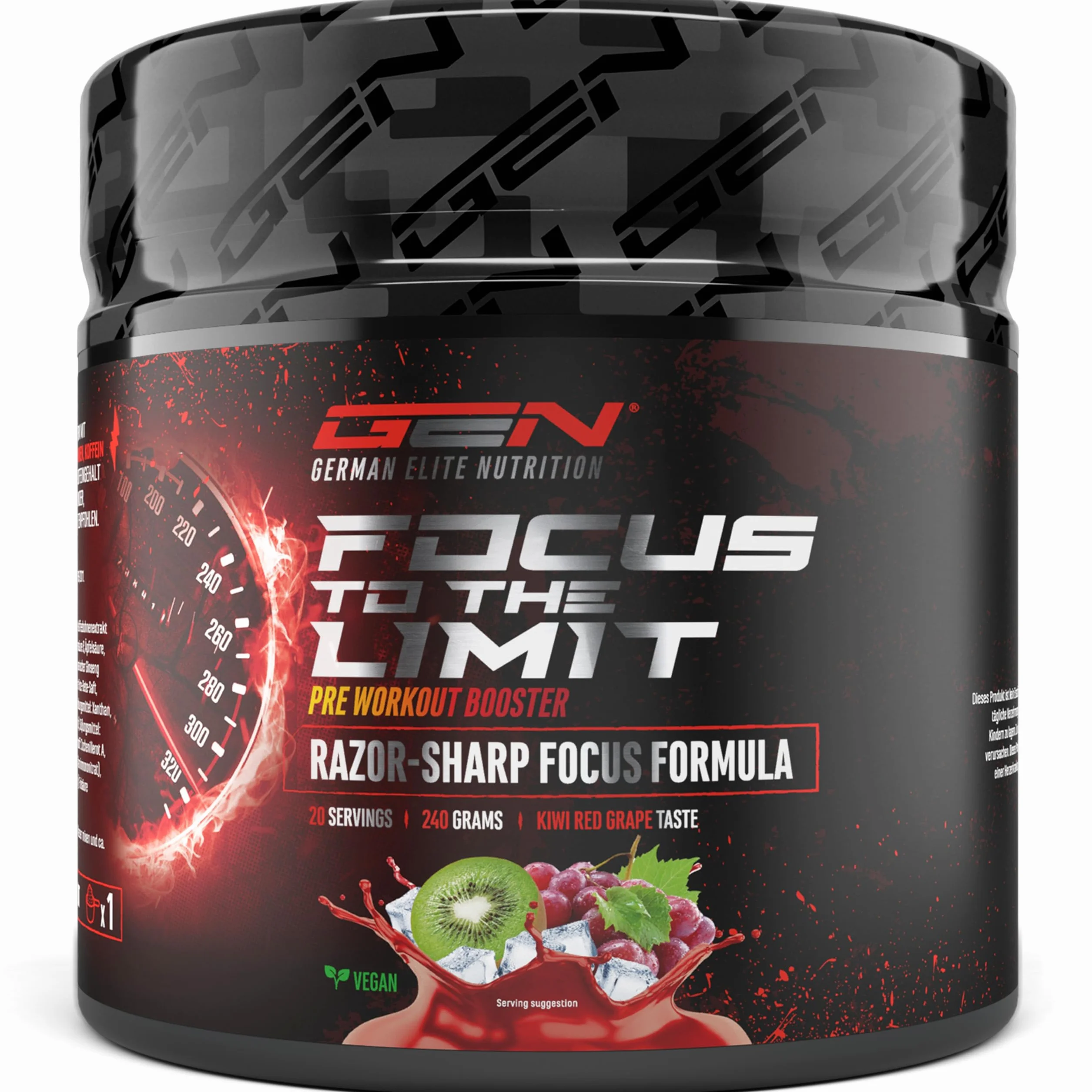 Focus to the Limit - Pre-Allenamento con L-Tirosina + Taurina + Inositolo + Estratto di Ginkgo + Citicolina + Radice di Rosa Rodiola + Caffeina e Vitamine - (240g, Gusto kiwi e uva Rossa)