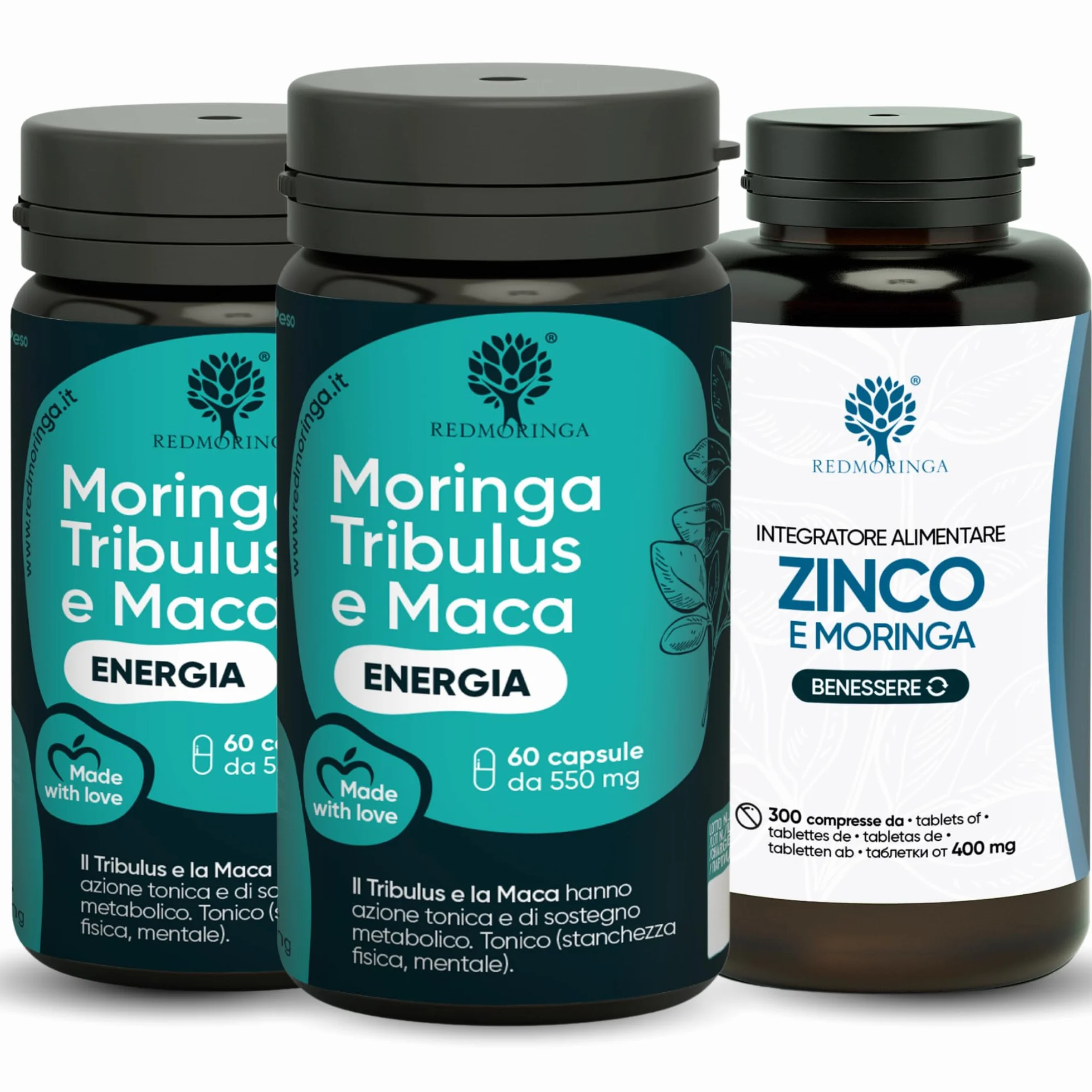 Trattamento BOOST T Uomo – T-Booster Potente con Tribulus Terrestris 90% Saponine + Maca Peruviana + Moringa BIO + Zinco 300 Compresse | Forza, Massa e Vigore | RedMoringa