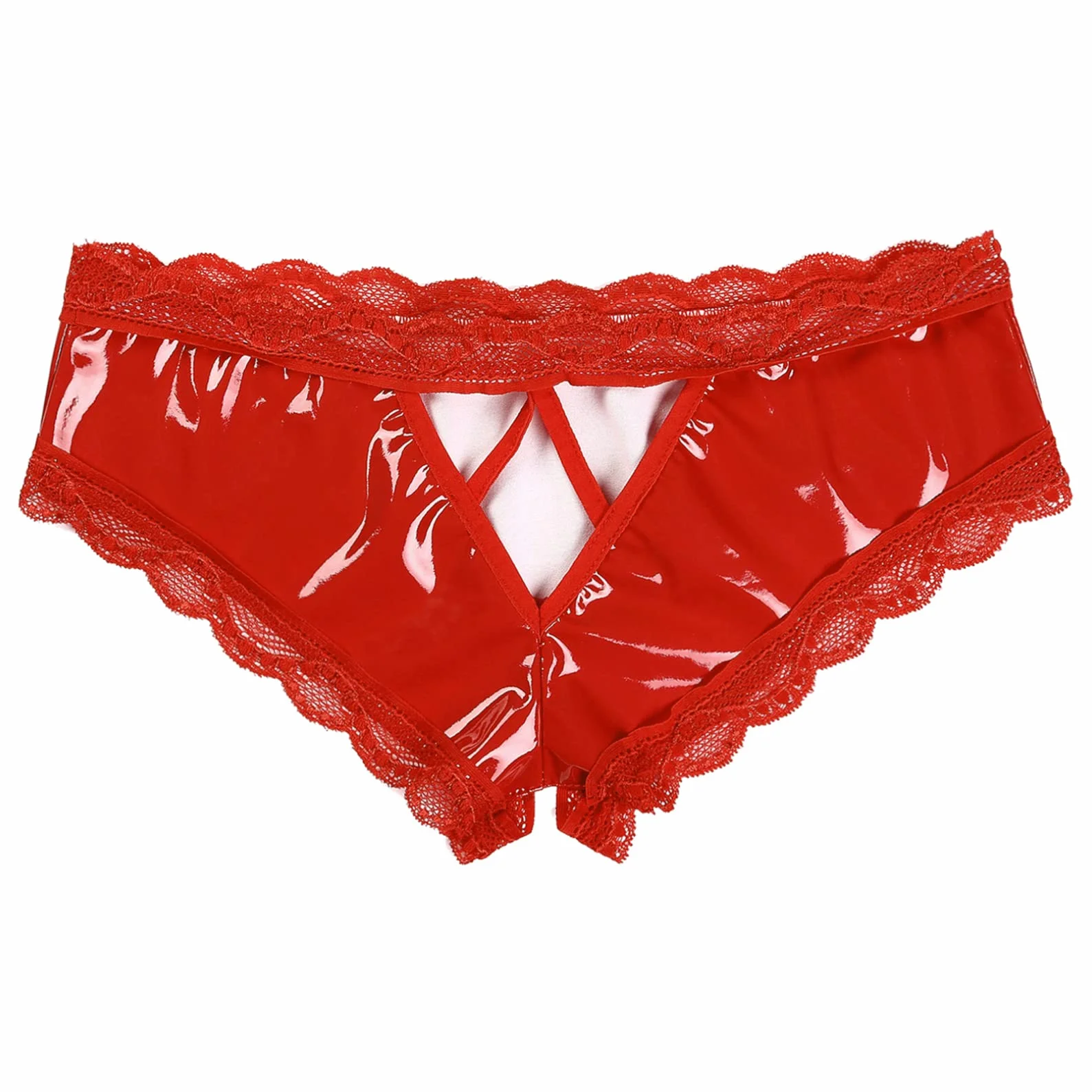 FEESHOW Donna Wetlook Slip Ouvert G String Tanga Pelle Verniciata Intimo Passo Aperto
