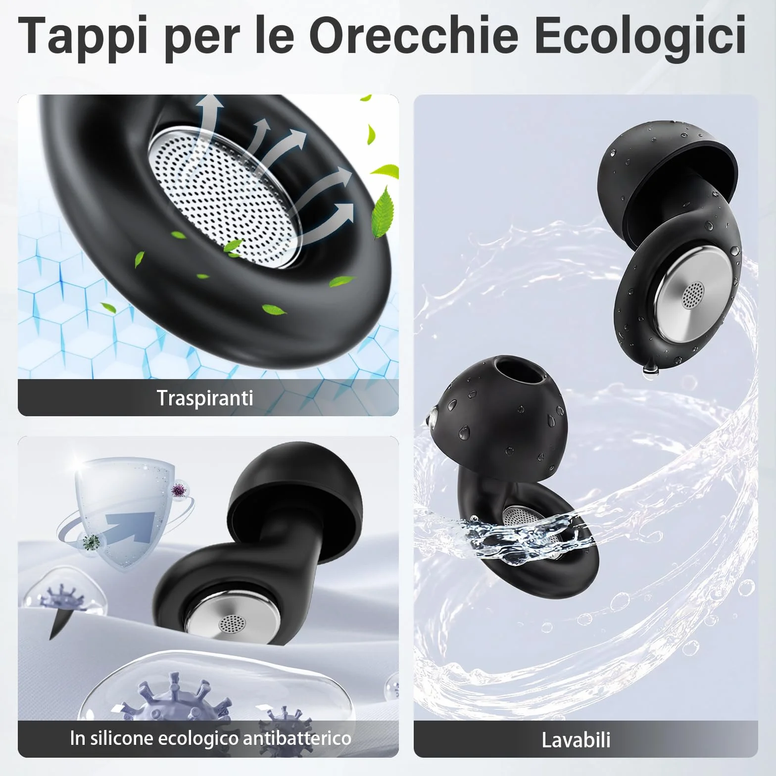 Tappi Orecchie Dormire, 45dB Protezione dell'udito, 2026 Nuovo Antirumore Quiet Silicone Auricolari, Riutilizzabile Earplugs con 8 Punte (XS/S/M/L) e Custodia, per Notte/Lavoro/Concerti - Nero