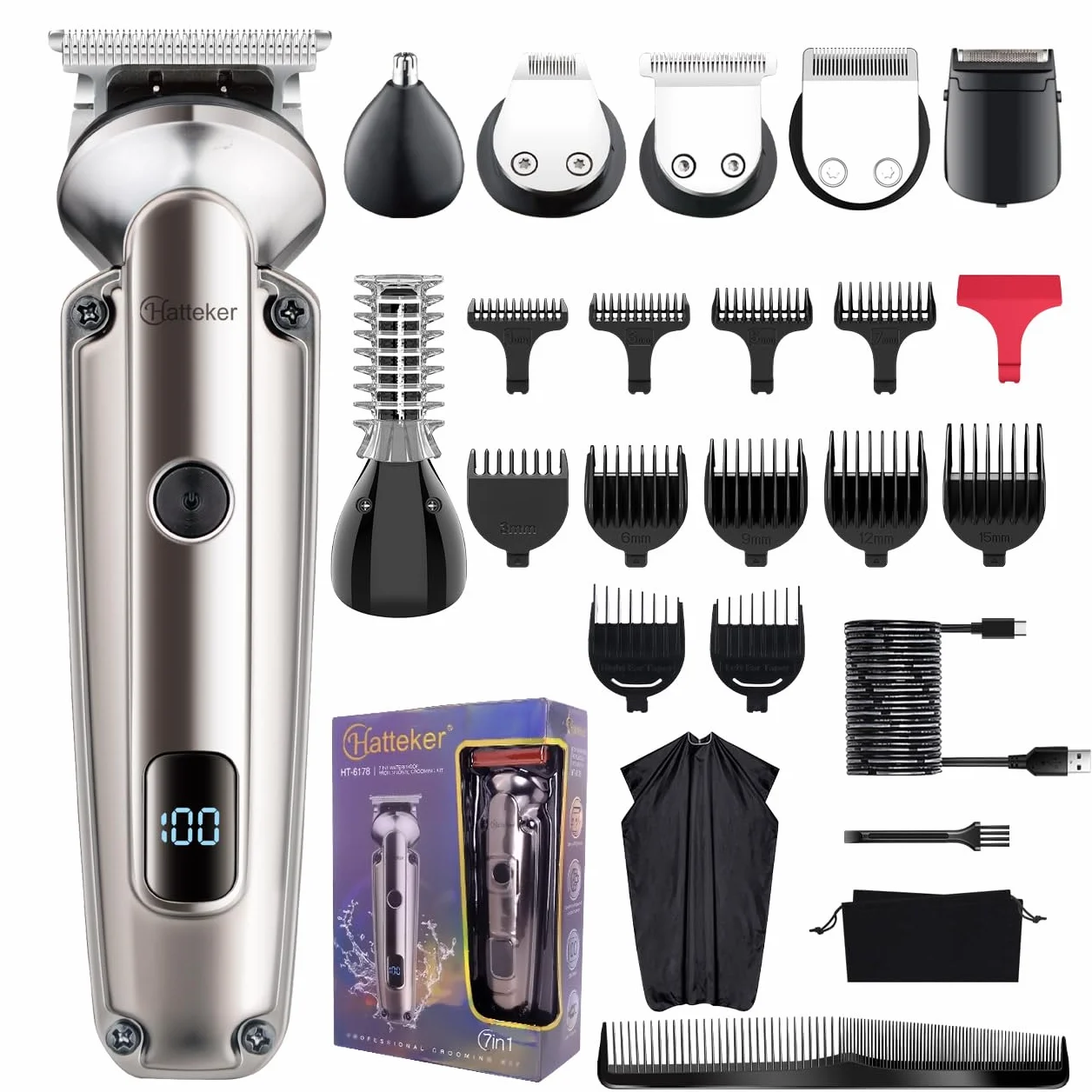 Hatteker Regolabarba Rasoio Elettrico Barba Professionale 7 in 1 Macchinetta per Barba