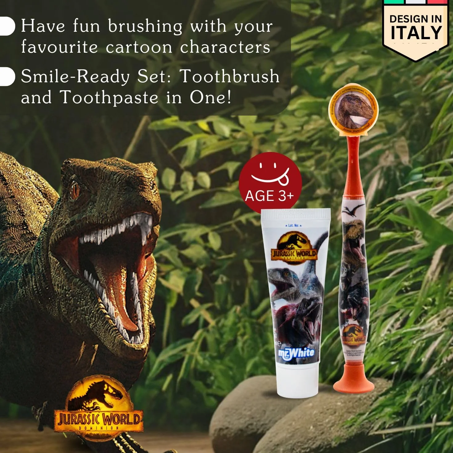 Jurassic World - Kit da viaggio per l'igiene orale, contiene dentifricio al gusto di fragola e spazzolino da denti con tappo di protezione, ventosa, manico comodo e setole morbide per bambini