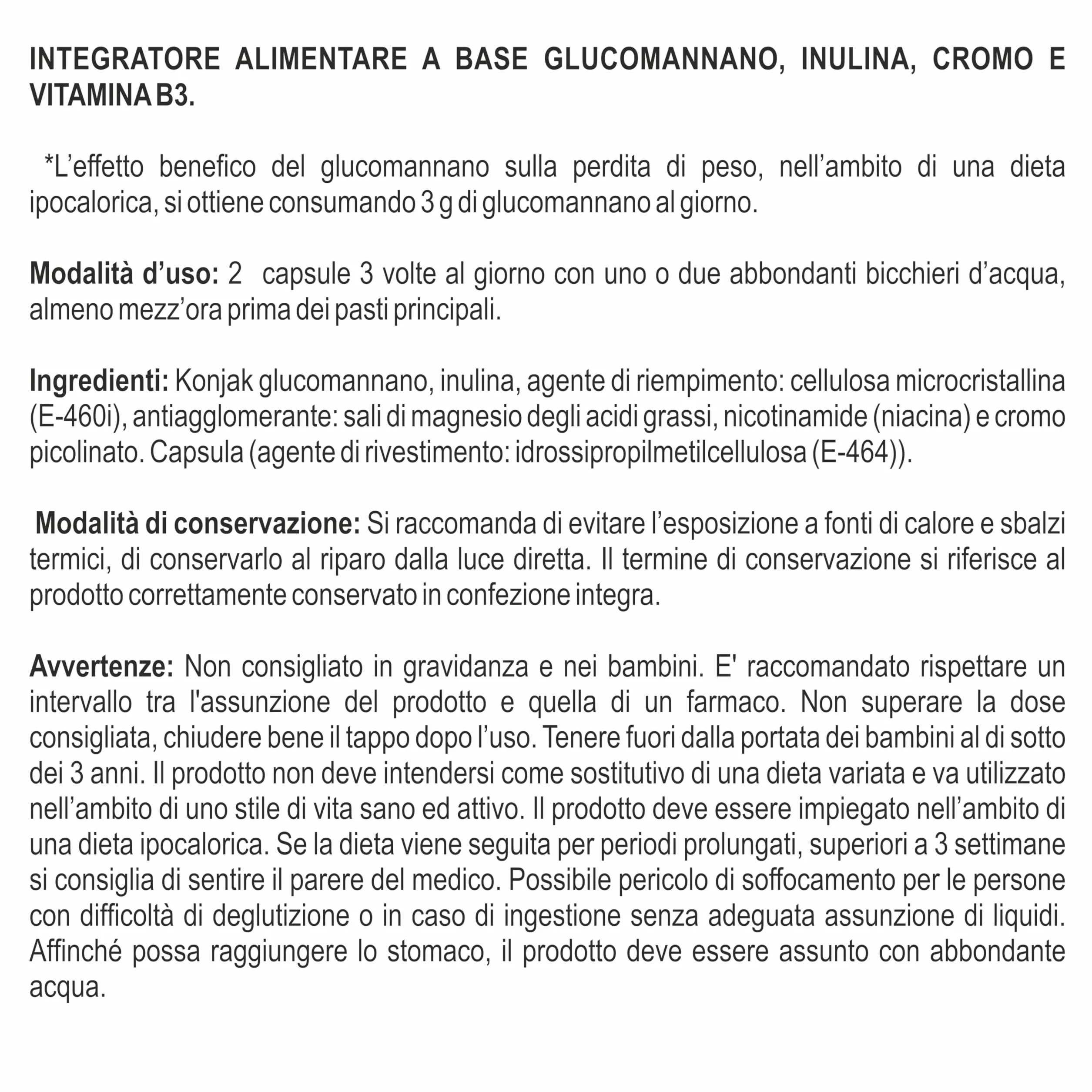 Glucomannano Capsule con Inulina, Cromo e Vitamina B3 – Fibra Alimentare – 180 Capsule Vegane – J.Armor Pharma