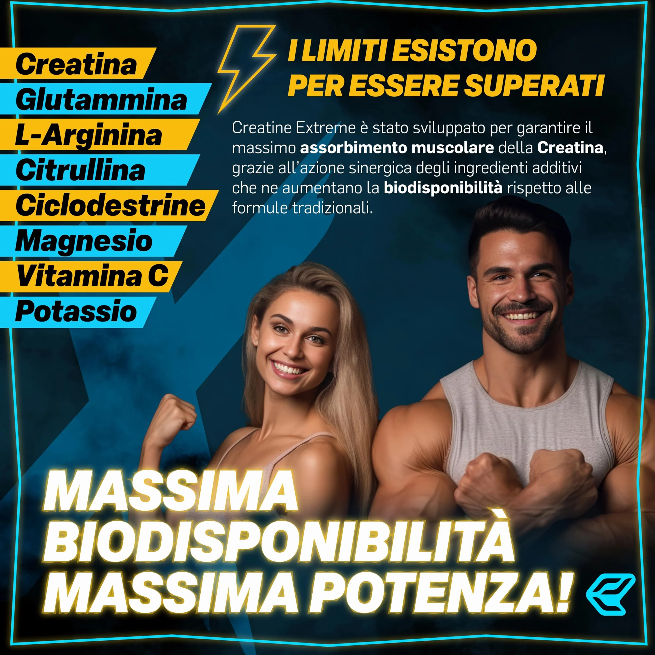 Italian Elite Creatine Extreme, Creatina con Glutammina, Arginina, Citrullina, Vit C Magnesio, Potassio, Ciclodestrine, Pre Post Workout 120cp Monoidrata Micronizzata