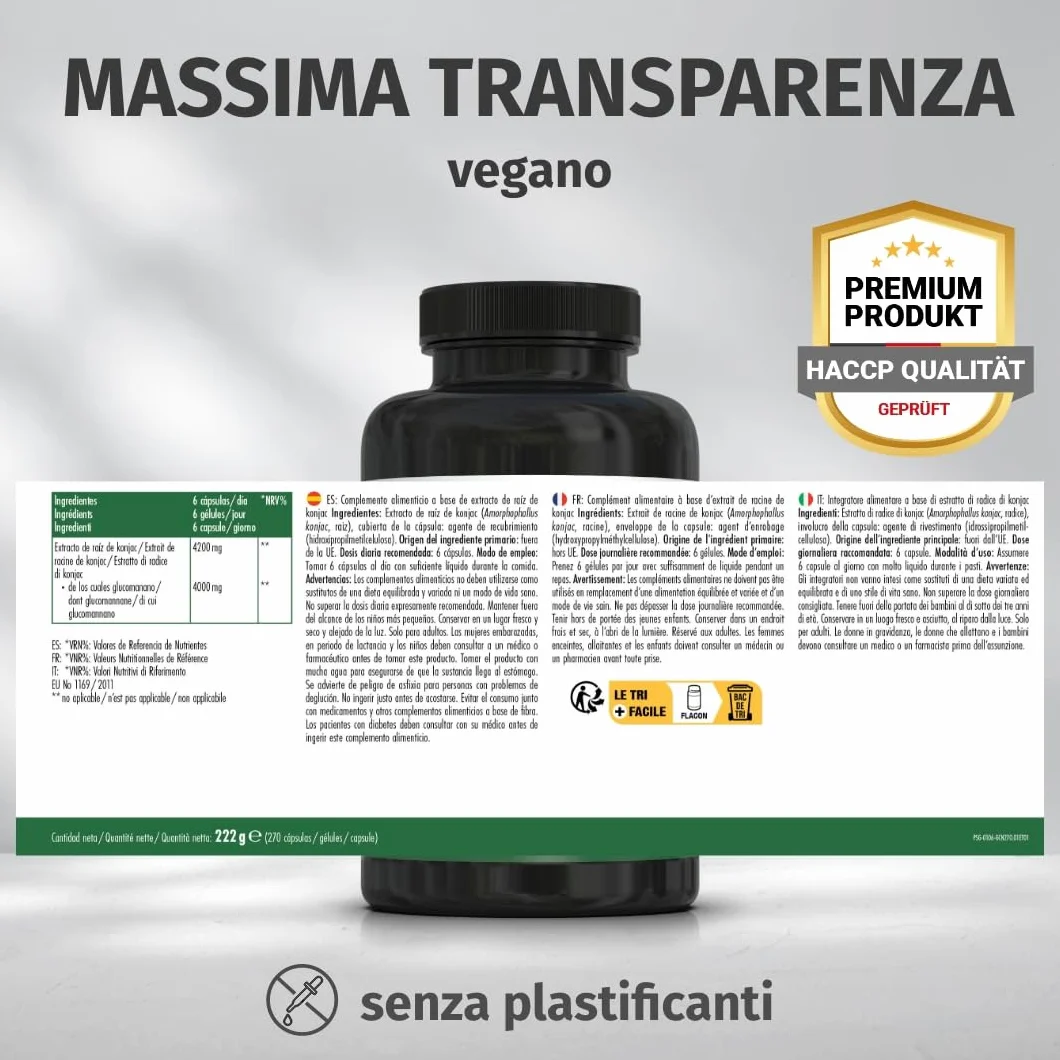 Green Naturals Glucomannano 4000 mg per dose giornaliera Estratto di konjac 4200 mg 270 capsule 45 giorni
