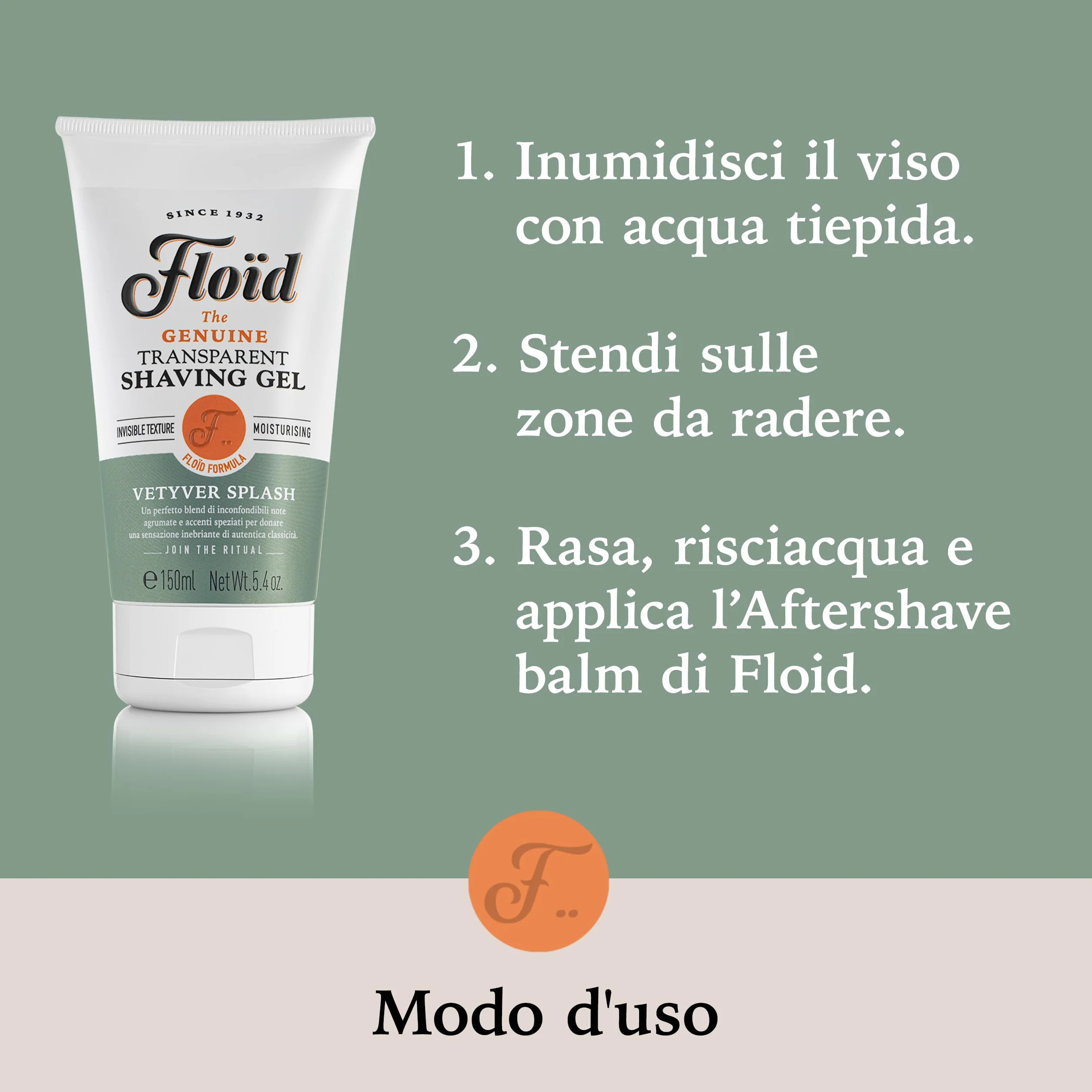 Floïd Transparent Shaving Gel Vetyver Splash (150 ml), Gel da barba profumato con glicerina idratante, Crema da barba trasparente per una rasatura comfortevole