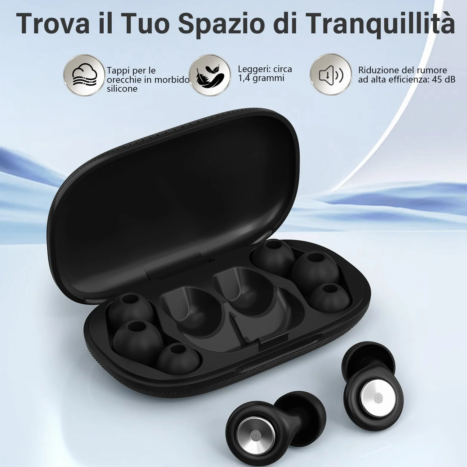 Tappi Orecchie Dormire, 45dB Protezione dell'udito, 2026 Nuovo Antirumore Quiet Silicone Auricolari, Riutilizzabile Earplugs con 8 Punte (XS/S/M/L) e Custodia, per Notte/Lavoro/Concerti - Nero