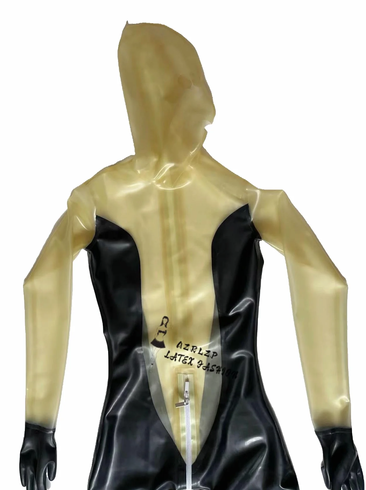 Tuta nera trasparente in lattice di gomma Catsuit Fetish con cerniera posteriore