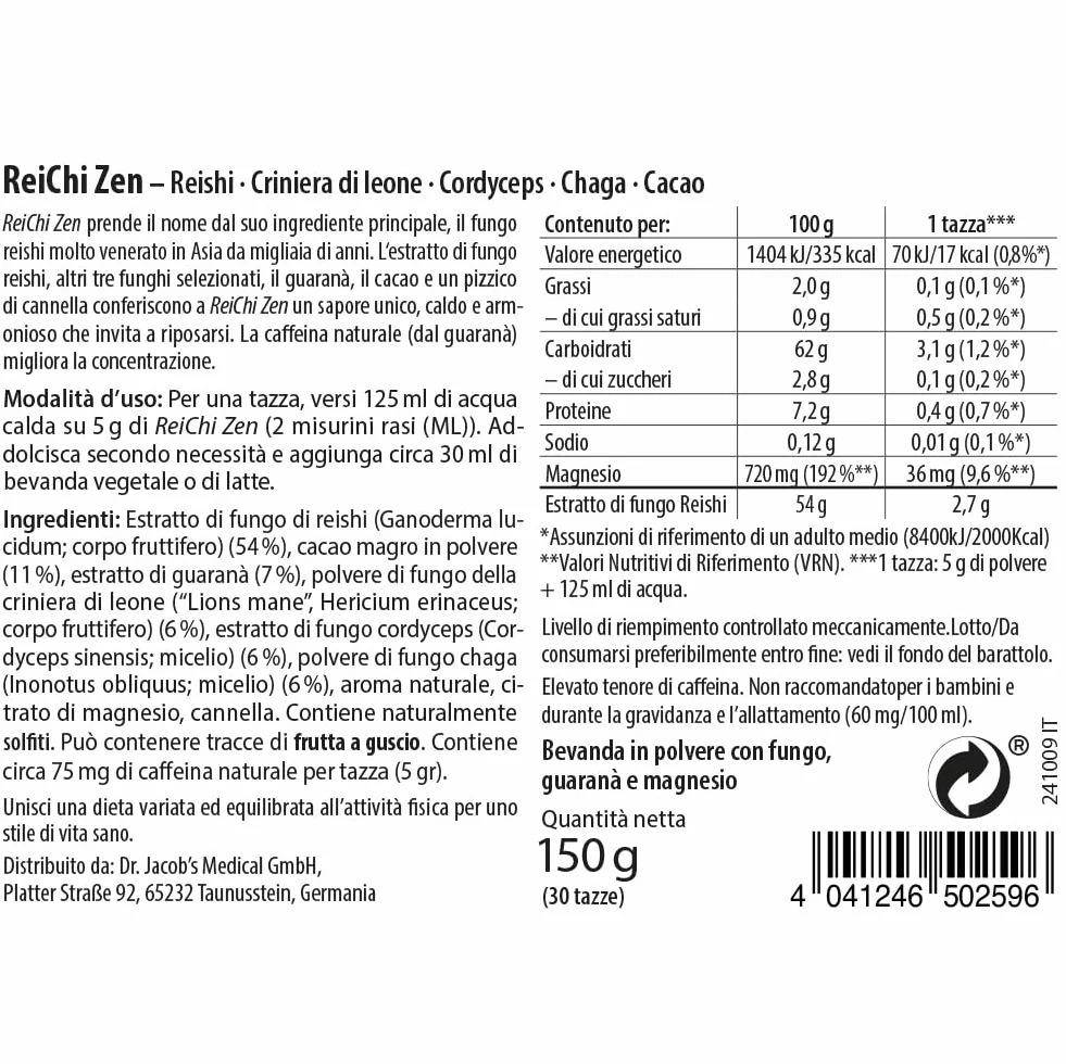 ReiChi Zen I 70% di funghi pregiati: Reishi, Chaga, Cordyceps, “Criniera di leone” I Caffè ai funghi I Caffeina dal guaranà I Magnesio per i nervi e la psiche* I vegano, senza additivi I 150 g, 30 taz
