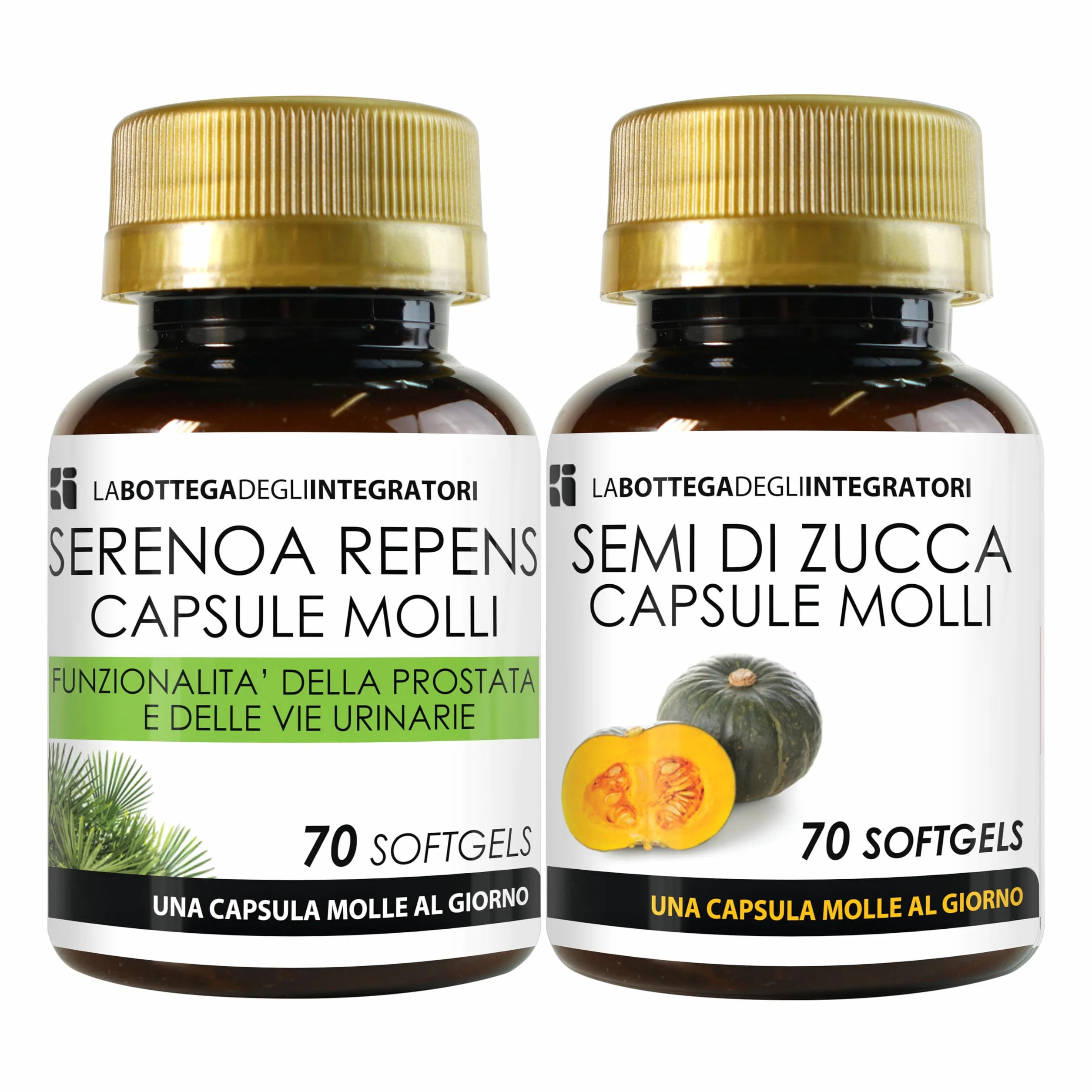 LA BOTTEGA DEGLI INTEGRATORI Set di Integratori Prostata Serenoa Repens 70 Perle Semi di Zucca 70 Capsule Molli