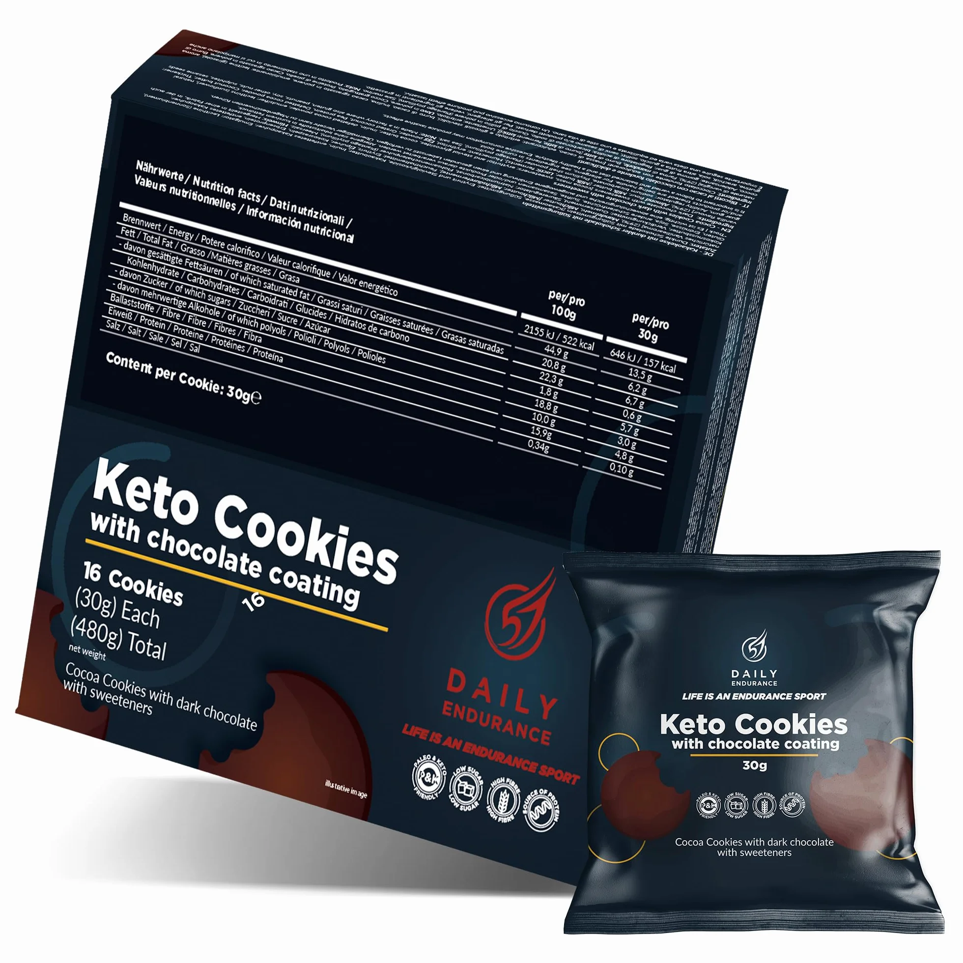 Keto Cookies Senza Zucchero 16 Biscotti Keto Rivestiti di Cioccolato Snack Keto 480g Daily Endurance