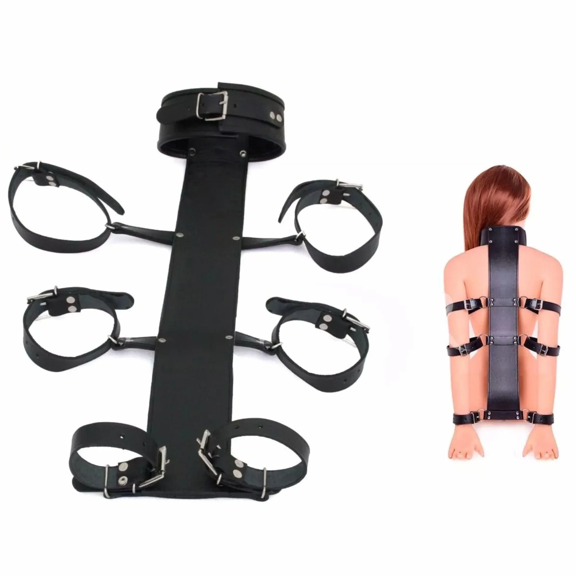 Set Restraints con Collare Regolabile Polsini da Polso e Gomito Catena in Pelle Resistente Nero
