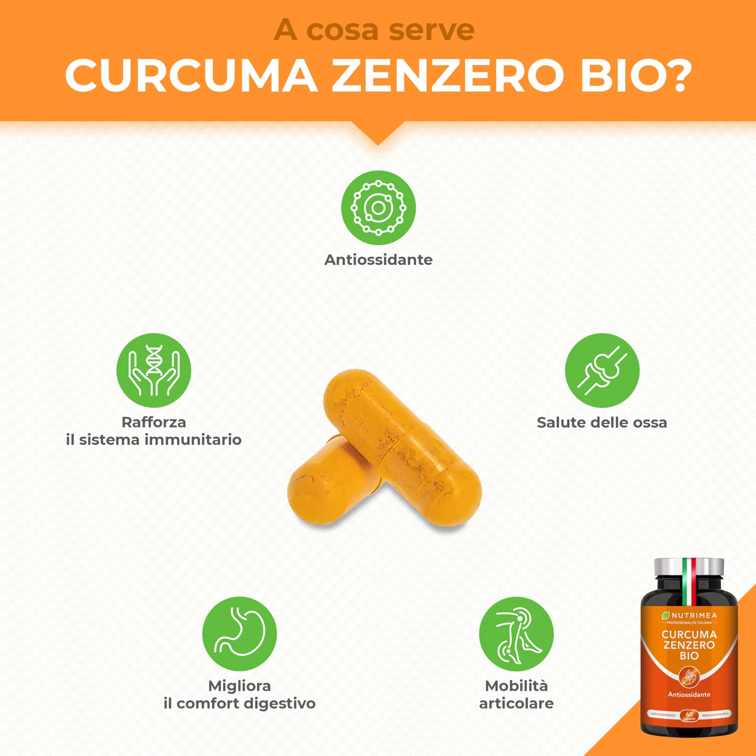 Curcuma Zenzero Biologico 100% Naturale Concentrato di Curcumina Antinfiammatorio Antiossidante Nutrimea
