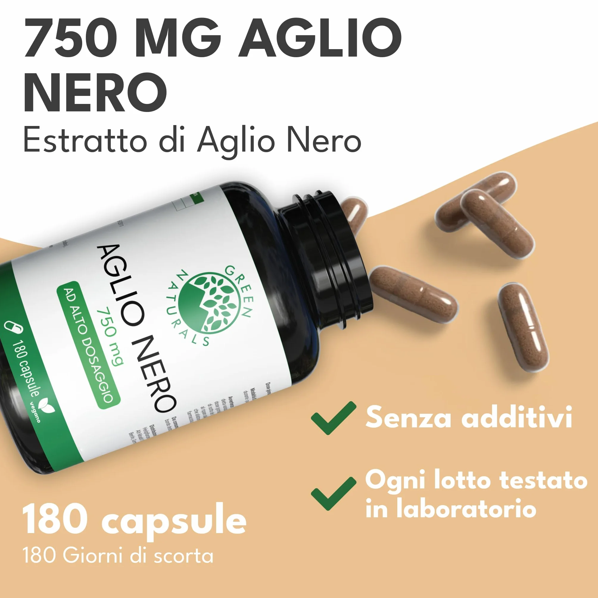 Green Naturals® Aglio Nero – Alto dosaggio 750 mg (estratto 15:1) – Equivalente a 11.250 mg per dose giornaliera – Black Garlic – 180 capsule