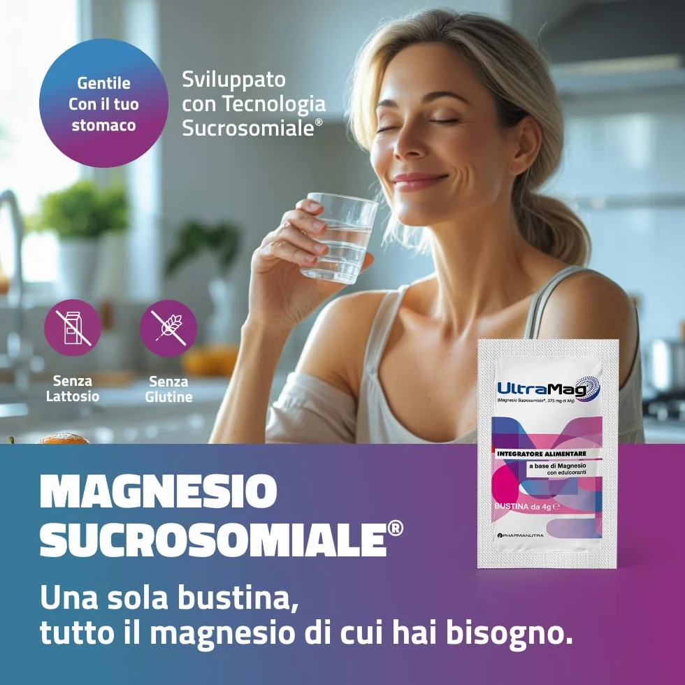 UltraMag Integratore di Magnesio Sucrosomiale 375 mg, Alto assorbimento, Riduce stress e affaticamento, 20+20 bustine, Pharmanutra