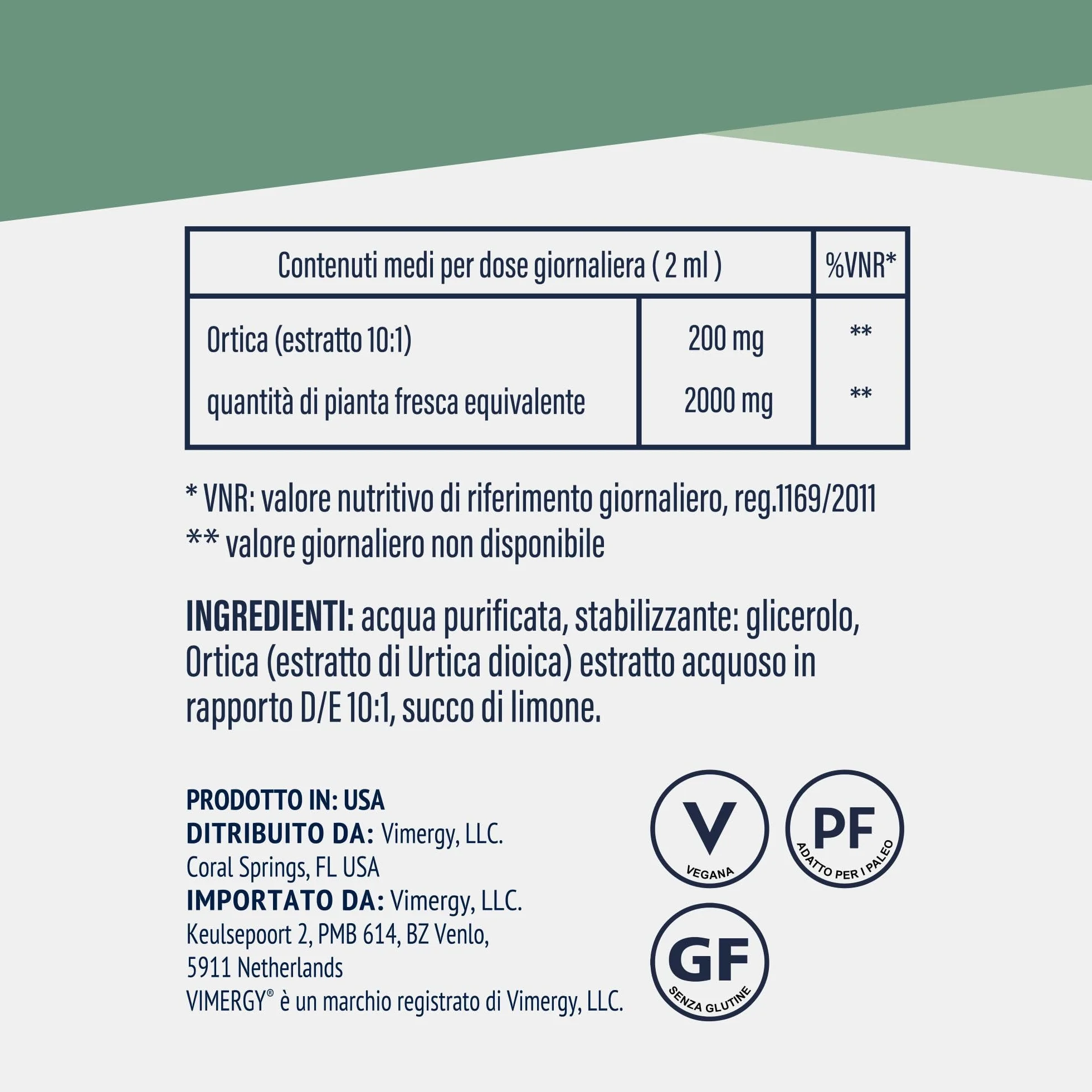 Vimergy Nettle 57 Dosi Integratore Ortica Liquido Glicerina Vegano 115ml