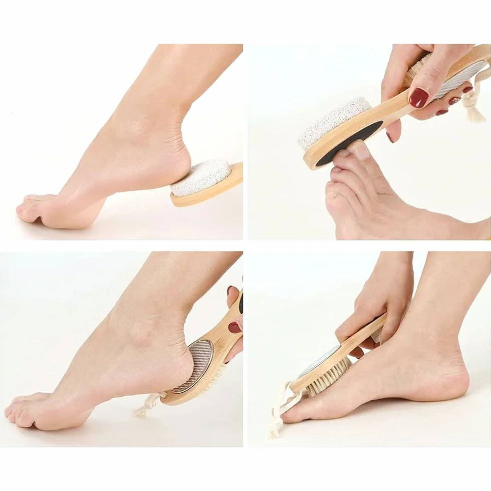 Spazzola per Piedi in Legno 4 in 1 con Pietra Pomice e Raspa Mentale