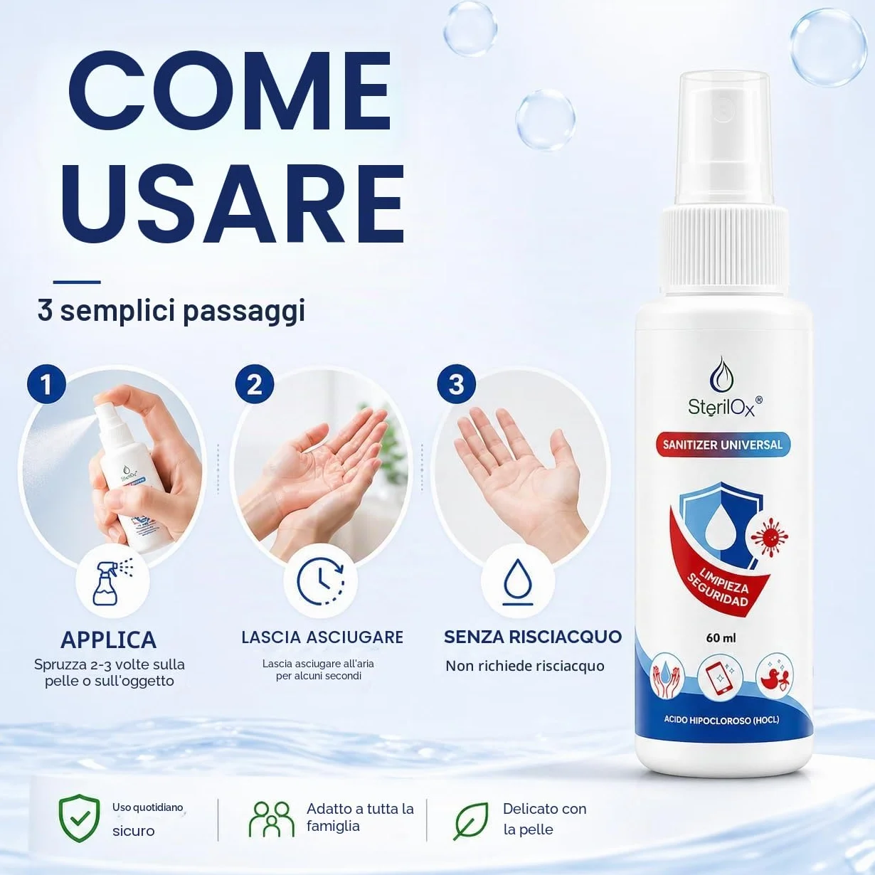 Spray cosmetico antisettico 60 ml senza alcool senza profumo con acido ipocloroso HOCl per mani giocattoli piatti